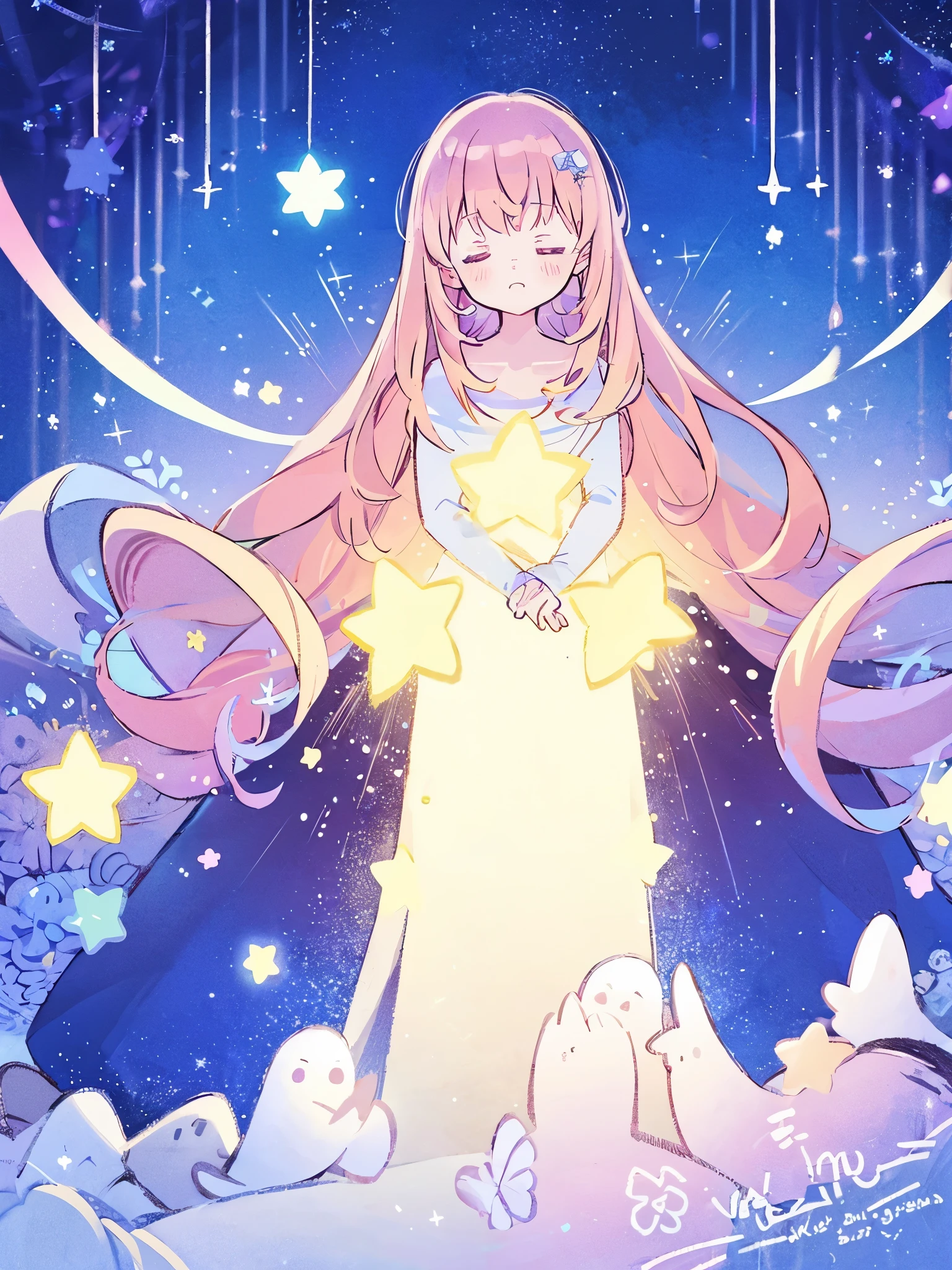 complex background, wishing star background, a woman wearing an ethereal mystical pink translucent dress that reflects the stars, perfume promo art, mystic, complex drawing, highly detailed, Covergirl brand, promo art, artistic rendition, ethereal, starry night, midjourney style
