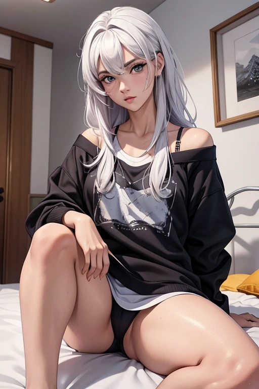 realista,mais alta qualidade, ultra detalhe, CG rendering high quality, O mais delicado e bonito, Flutuando suavemente, high resolution, (1 garota), (mais alta qualidade,4k,8K,Obra de arte:1.2), cabelo roxo claro,coelho,orelhas de coelho,cabelo longo,olhos vermelhos,(moletom branco grande:1.3),Dentro do quarto,cama,(sitting on cama:1.4)
