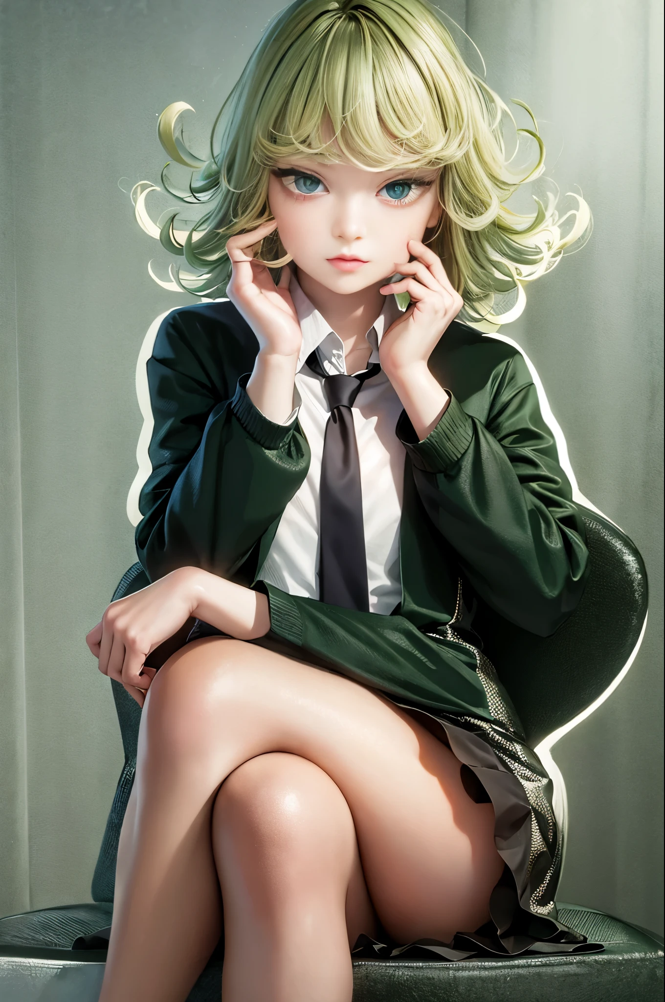 (masterpiece, best quality:1.2), solo, 1girl, tatsumaki, unamused, closed mouth, looking at viewer, hand on own face, sitting, crossed legs, collared shirt, necktie, skirt,green hair, green eyes,big thighs 