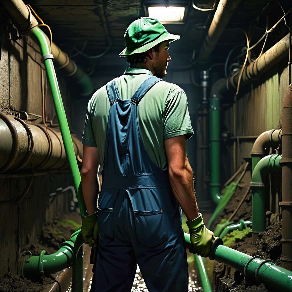 see image references for example prompts, a man cleaning green pipes in a dark basement, ((back view:1.9)), blue overalls, green shirt, green hunting hat, dirty hands, serious expression, focused, ambient lighting, gritty atmosphere, rough textures, muted colors, chiaroscuro lighting, cinematic composition, moody, photorealistic, 8k, hyper detailed, animetoreal