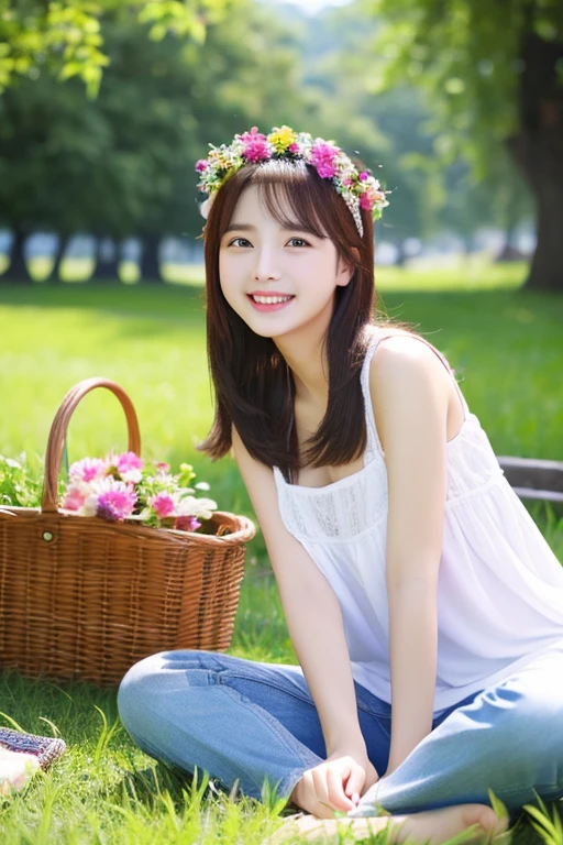 highest quality、masterpiece、High sensitivity、High resolution、detailed、Happy smile、Be cheerful and excited、picnic、sit