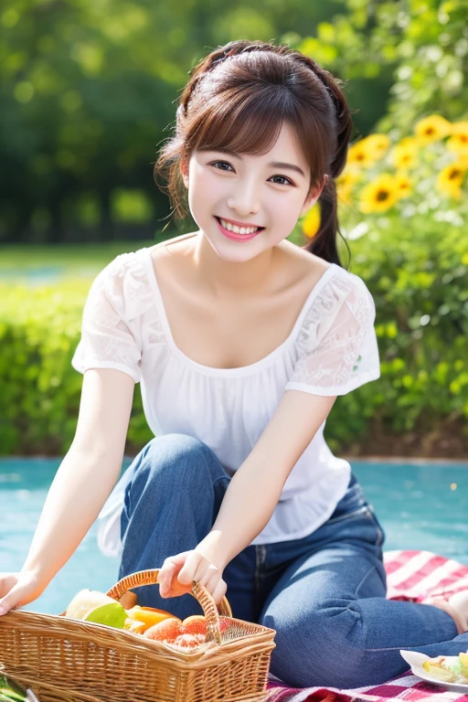 highest quality、masterpiece、High sensitivity、High resolution、detailed、Happy smile、Be cheerful and excited、picnic、sit