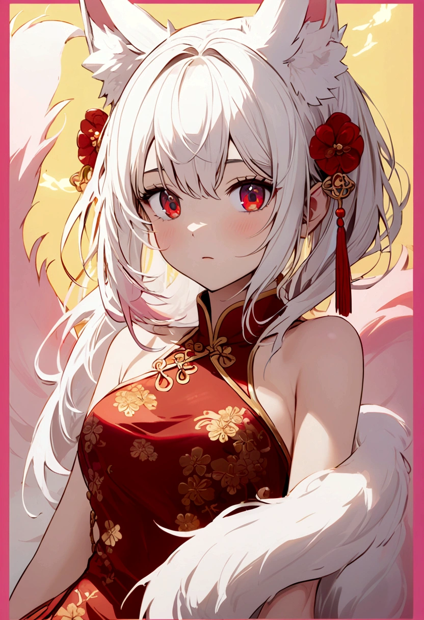 The girl has short white hair, red eyes, white fox ears with pink borders, a red Chinese dress with yellow borders, and a white and pink tail.