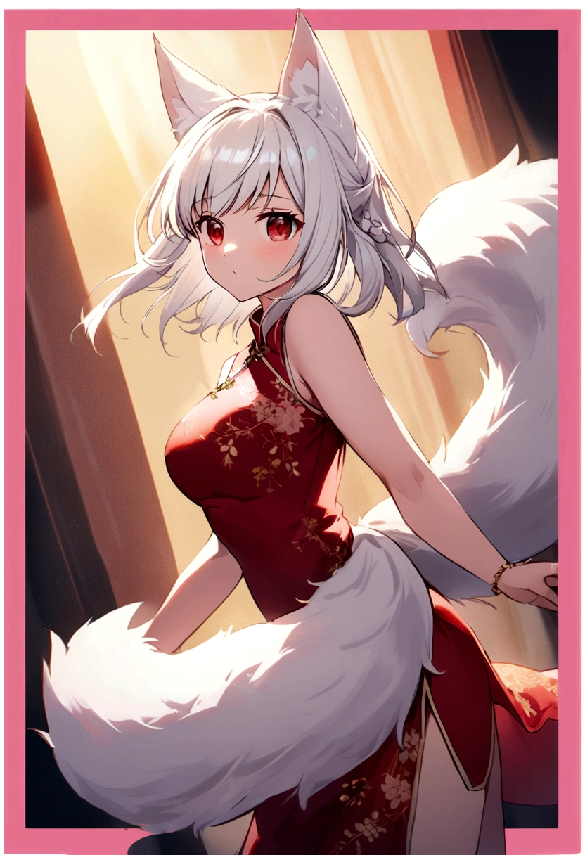 white hair, cat ears, red eyes, cherry blossoms, naked, snow