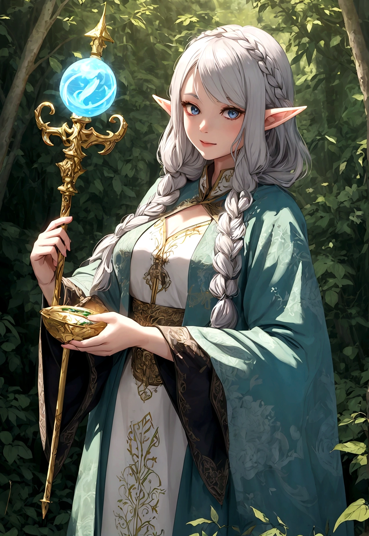 Female elf with long silver hair parted in the middle stands in the forest,The sun shines from the forest。The female elf wears a beautifully embroidered robe,Holding a magic potion and a staff with intricate carvings in his hand,glowing magic circle,elvish text