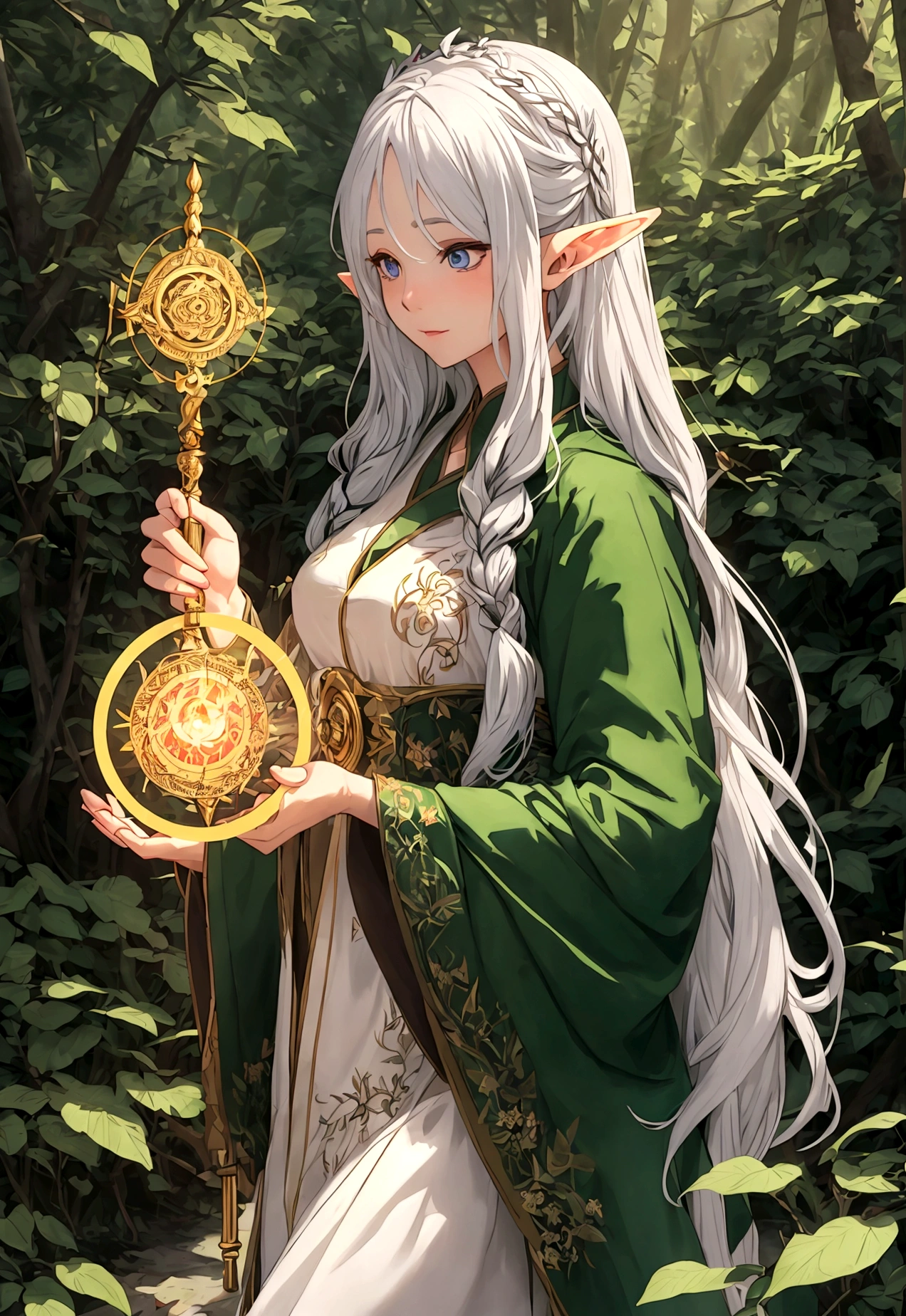 Female elf with long silver hair parted in the middle stands in the forest,The sun shines from the forest。The female elf wears a beautifully embroidered robe,Holding a magic potion and a staff with intricate carvings in his hand,glowing magic circle,elvish text