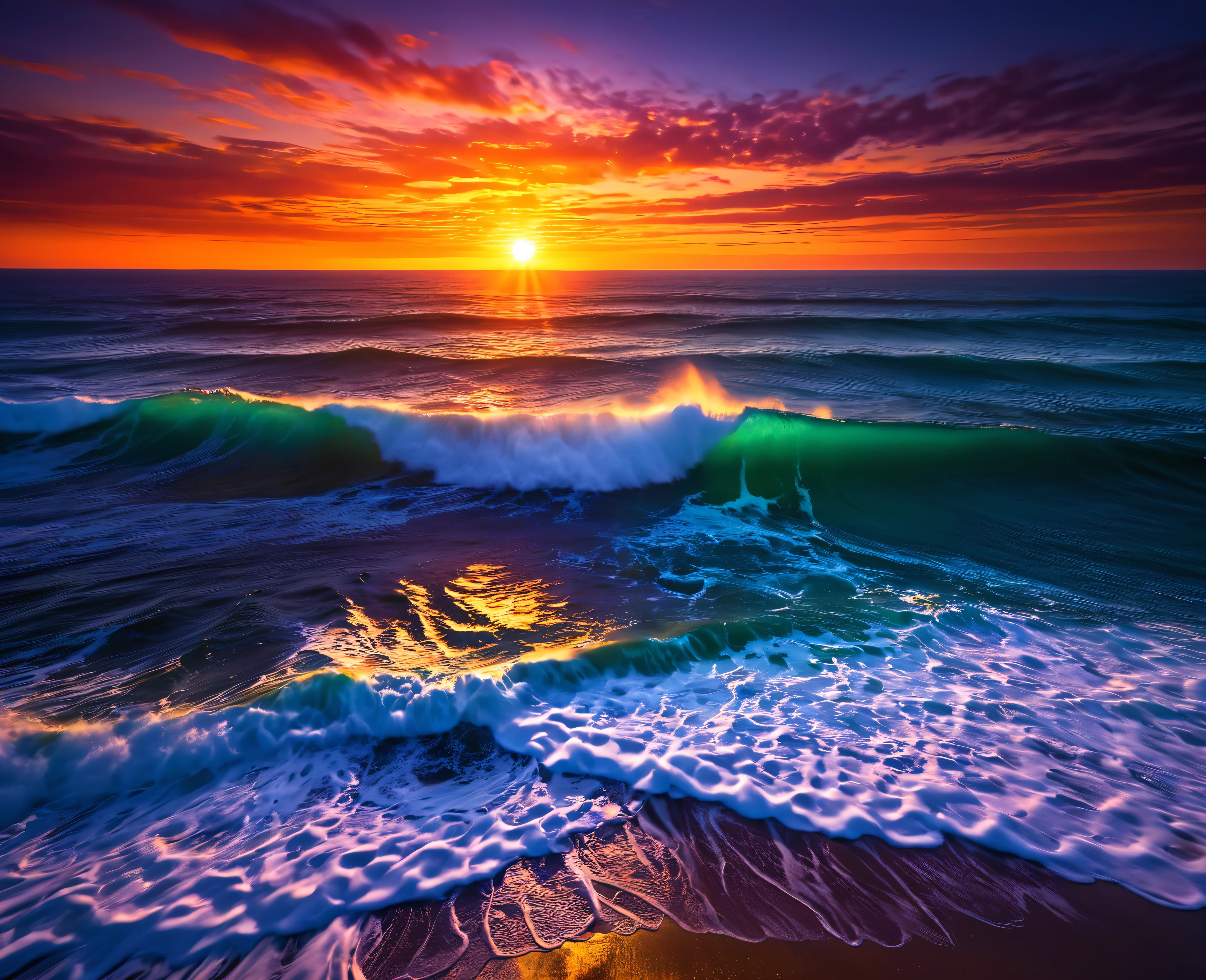 arafed view of a sunset over the ocean with waves crashing, chaotic sea setting, vibrant sunrise, breathtaking colors, breathtaking look, vibrant sunset, breathtaking composition, beautiful sea landscapes, stunning sunset, magnificent background, sunset glow, beautiful background, beautiful dreamy breathtaking, marc adamus, warm beautiful scene, epic sunset, beautiful sunset, beautiful sunset glow, beautiful ocean