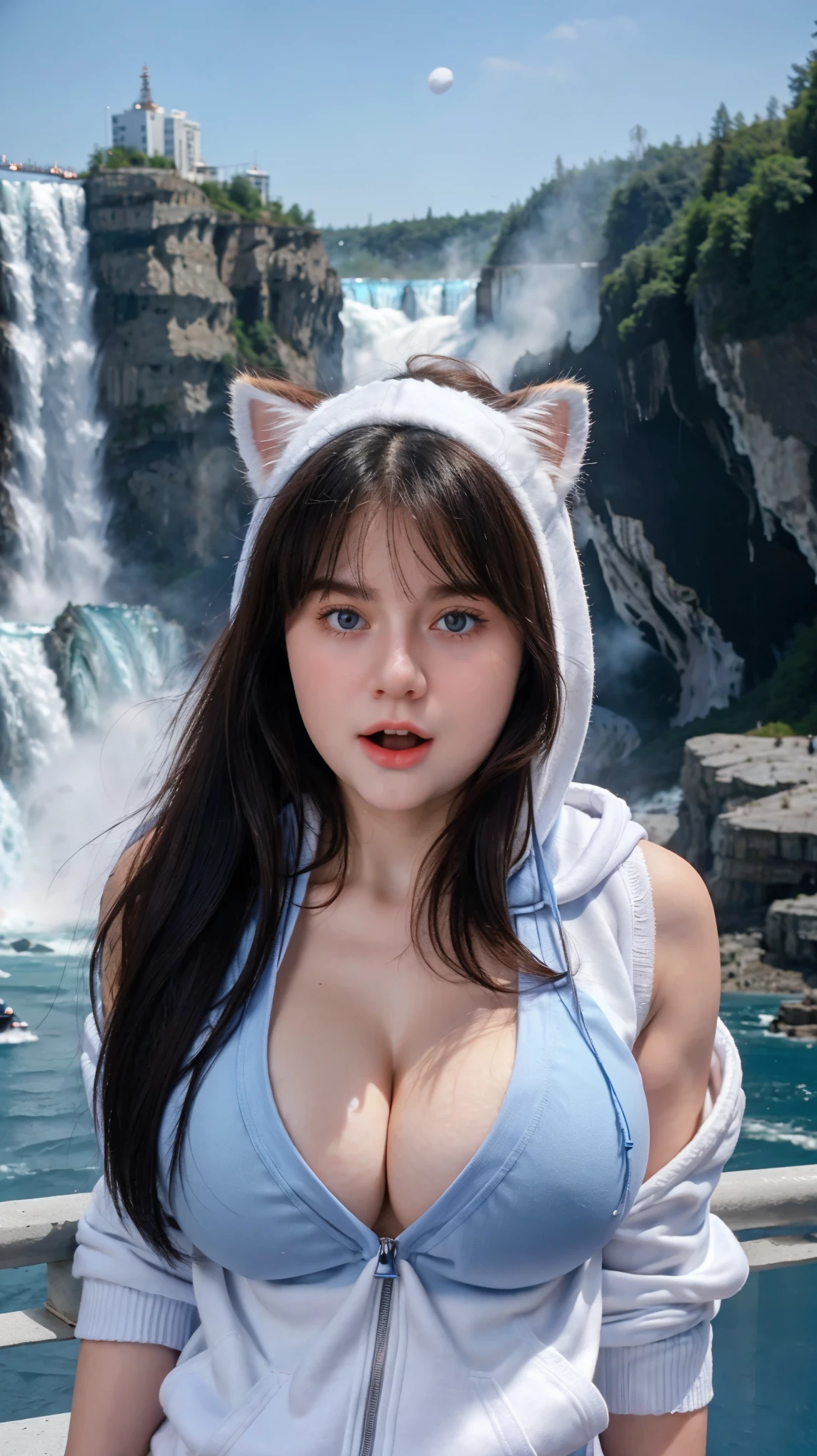 Georgeous, Beautiful, Russian Baby Face, 18 Years Old, White Skin, Cleavage, Large Colossal Breasts, Sexy Look, Sleeveless, (White Hoodie Sweater), (G-String), Cat Ear Headband, ((Deep Blue Retina)), Open Mouth, ((Muscles:1.3)), ((Bokeh1.1)), River, ((Niagara Waterfall Background)), Masterpiece, Blowing Hair, Blue Highlight Hair