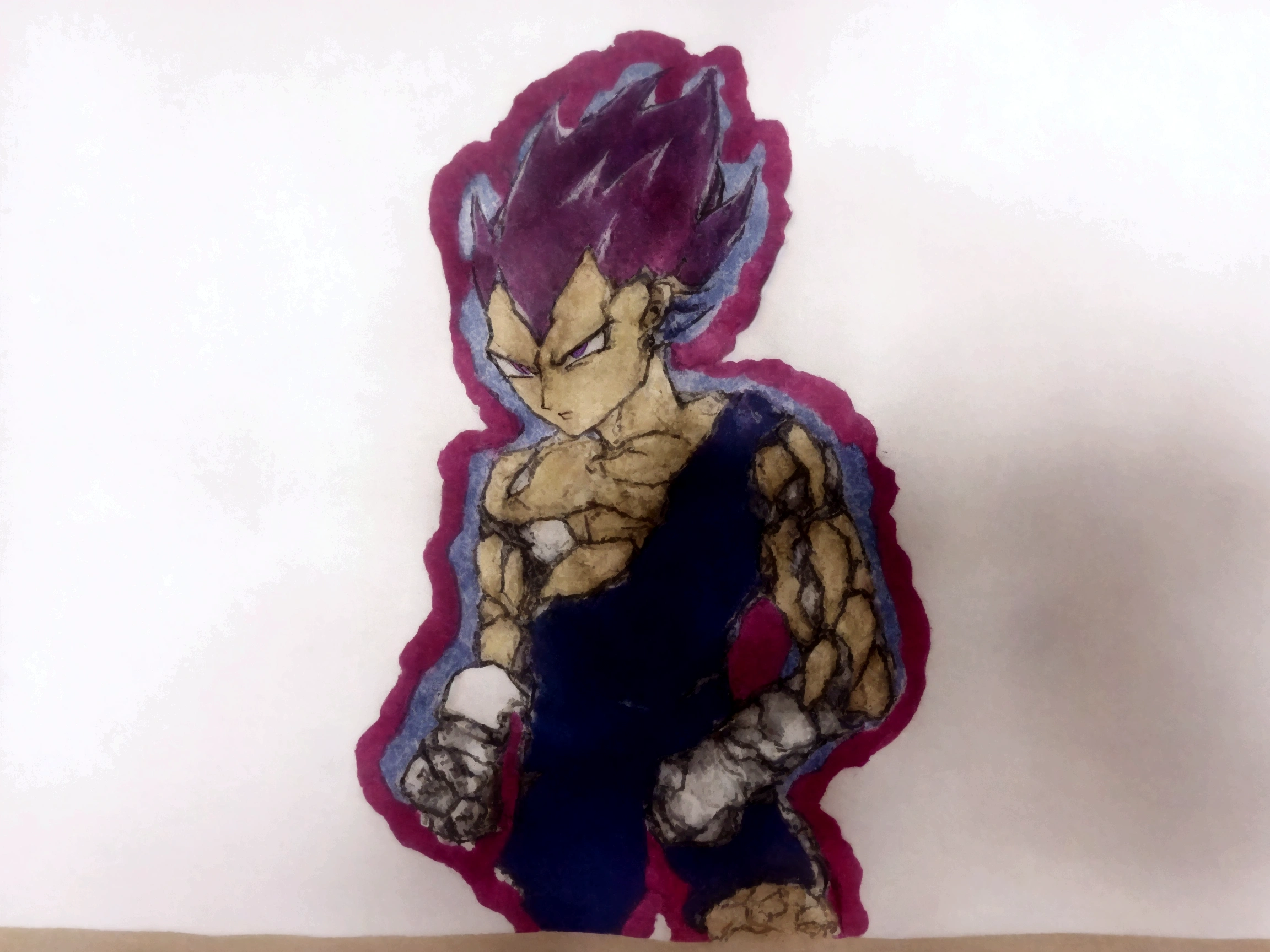 drawing of a dragon ball character, inspired by Toriyama Sekien, vegeta, with vegeta head hair, vegeta, high quality color purple sketch, going utra ego, full color drawing, utra ego, dragon ball art, drawn on paper, an anime drawing, transforming into his final form
