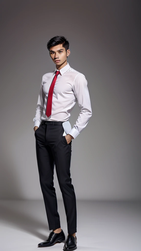 A captivating portrait of a thin Indonesian man with crew cut hair, wearing a white shirt, red tie, black pants, and black dress shoes. This classic combination creates an elegant and professional impression, while radiating assertiveness in a simple yet charming style. The contrasting colors enhance the strong visual appeal.