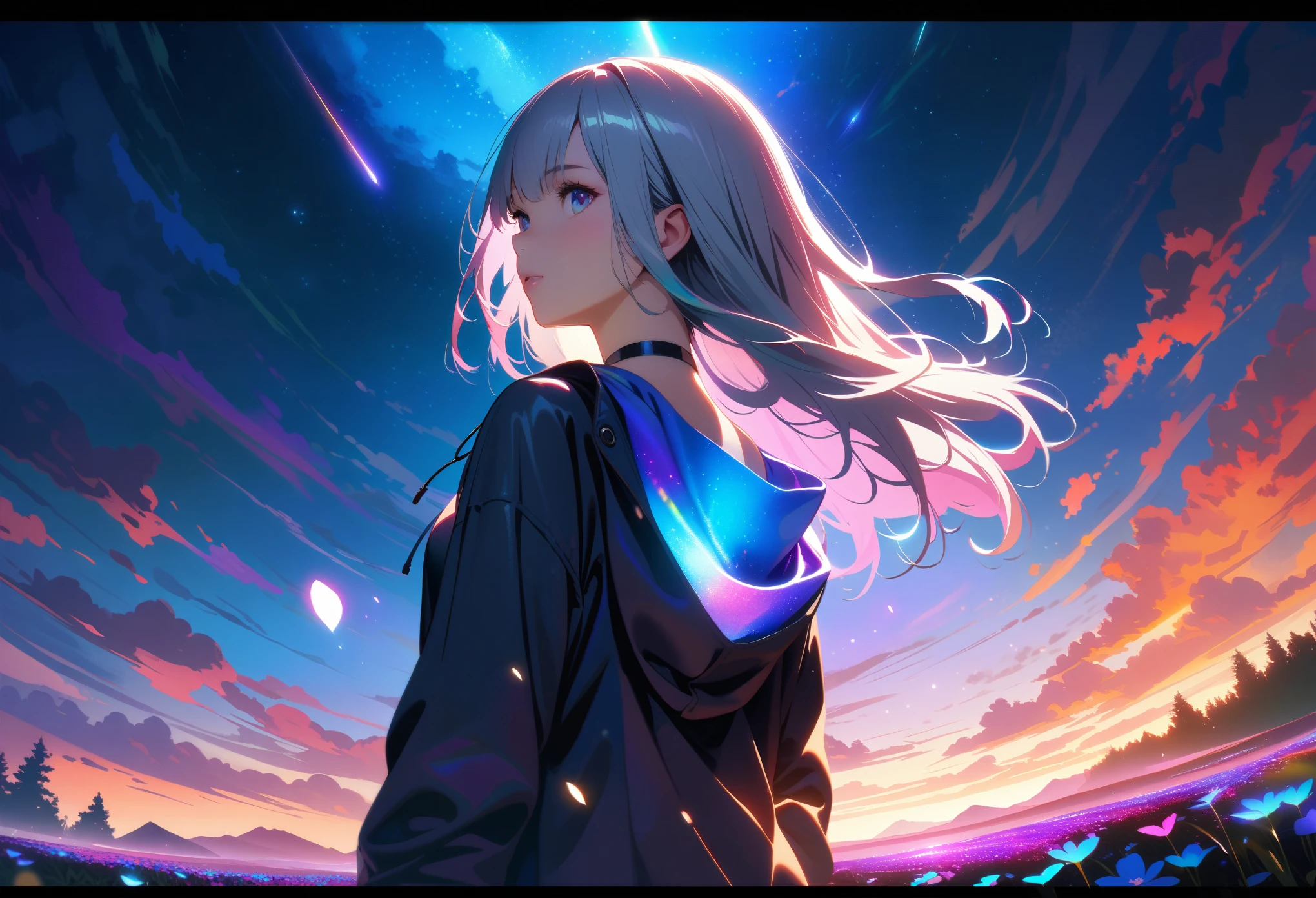 (masterpiece), Best Quality, Super Detailed, High Definition, HDR, Realistic, Depth, Fine Texture, Super Fine, Complete concentration, 4k, ultra-detailed, (dynamic composition), highly detailed, colorful details, a girl standing on flower field looking up, back view, choker necklace, Loose hoodie, Black hoodie, long hair, there is wind blowing hair, absurd res, view the viewer, solo focus, Dynamic Angle, Head tilt , Ultra-fine, depth of field, wide shot, expansive landscape photograph , (a view from below that shows sky above and open field below, back view, full moon, shooting stars, nebula, distant mountain, tree , production art, warm light source, (Firefly), lamp, intricate details, volumetric lighting,iridescent colors, glowing lighting, atmospheric lighting, dreamy, magical, (solo), lens flare, colorful, Cinematic light, high-res, sharp focus, smooth, colorful light, particles, light colors scheme