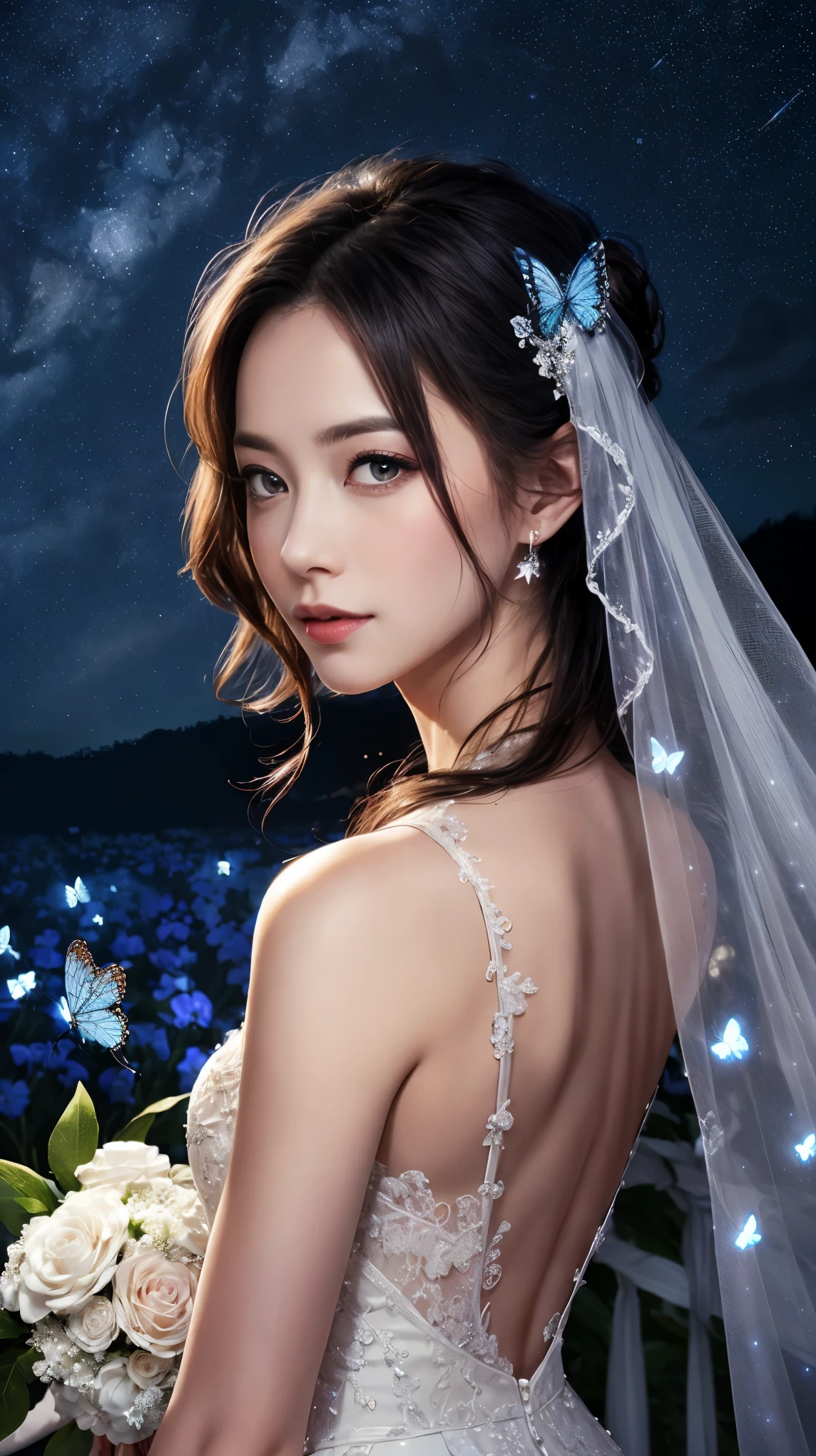 Starry Sky,night, blue butterfly,Wedding in dreams,((dream)),(best quality), (model), Backlight, There is light on the face, (quality improvement), Delicate eyes, Delicate face, good quality eyes, Lady in wedding dress