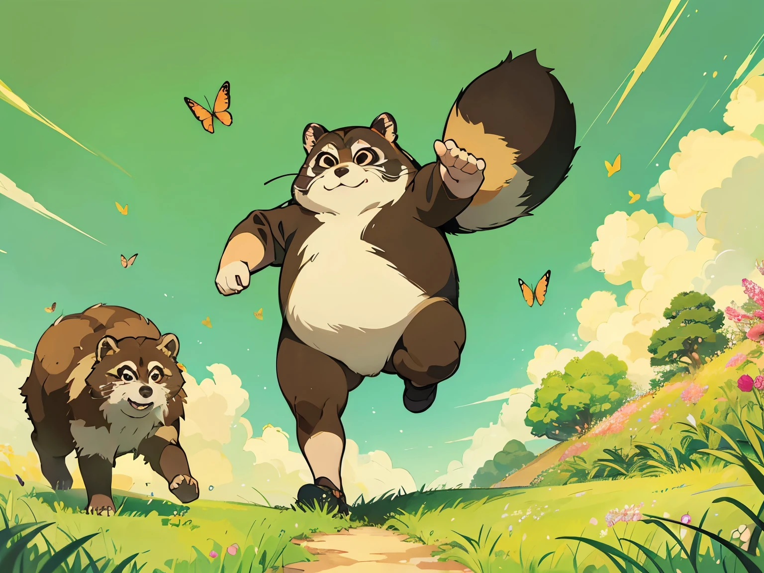 a brown Tanuki running green field, 2d Illustration art, cover art, bright color, ghibli style, anime style, he is chubby, he is not a human, not wearing clothes, background is simple, he is happy, butterflies, golden ratio, cute, simple art, lineart