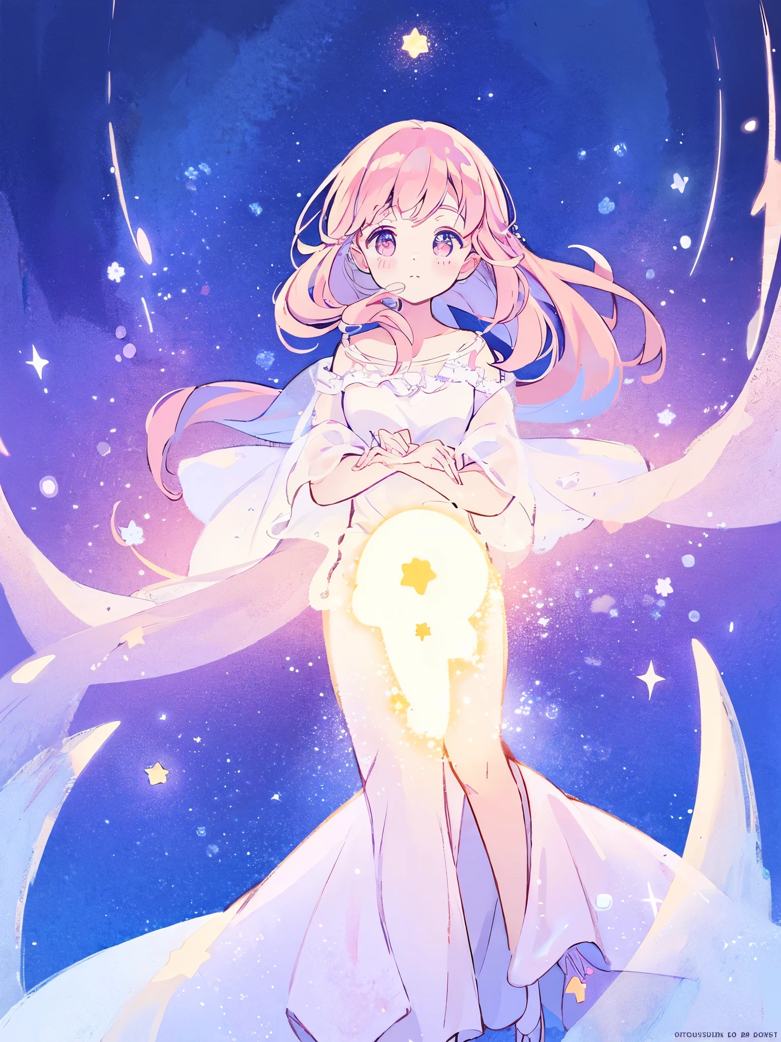 complex background, wishing star background, a woman wearing an ethereal mystical pink translucent dress that reflects the stars, perfume promo art, mystic, complex drawing, highly detailed, Covergirl brand, promo art, artistic rendition, ethereal, starry night, midjourney style