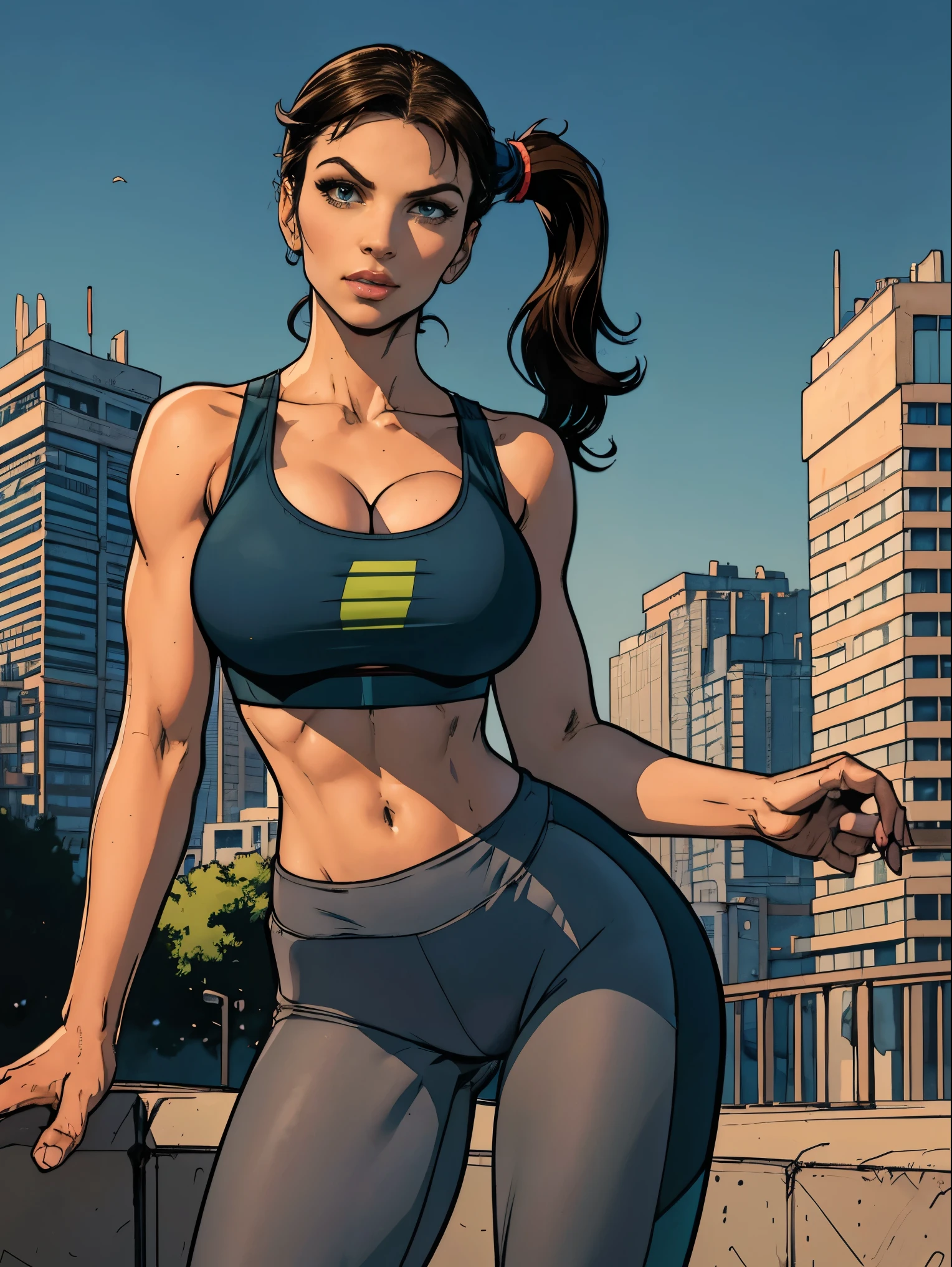 (masterpiece, top quality, best quality, official art, beautiful and aesthetic:1.2), (1girl:1.3), long dark brown hair, ((loose ponytail)), extremely detailed, portrait, looking at viewer, solo, (full body:0.6), detailed background, close up, mischievous green eyes, (warm nature theme:1.1), extremely busty slender brunette, jogging, running, huge lips, cheerful, mysterious, dark grey workout clothes, blue trim, sports bra, racerback, sleeveless, leggings, shorts, ponytail, slender, gigantic breasts, cleavage, skindentation, bouncing breasts, slim waist, slim hips, long legs, modern (city park exterior:1.1) background, bright optimistic lighting, shadows, magical atmosphere, dutch angle