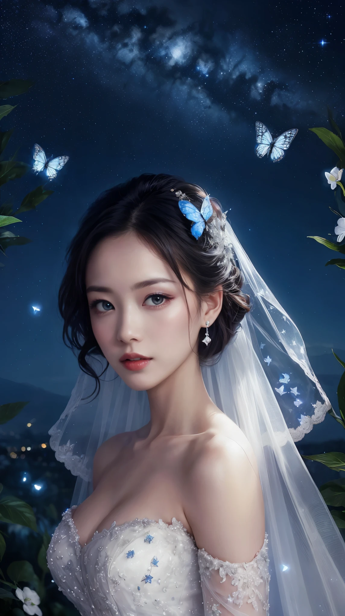 Starry Sky，night, blue butterfly，Wedding in dreams，((dream))，(best quality), (model), Backlight, There is light on the face, (quality improvement), Delicate eyes, Delicate face, good quality eyes, Lady in wedding dress