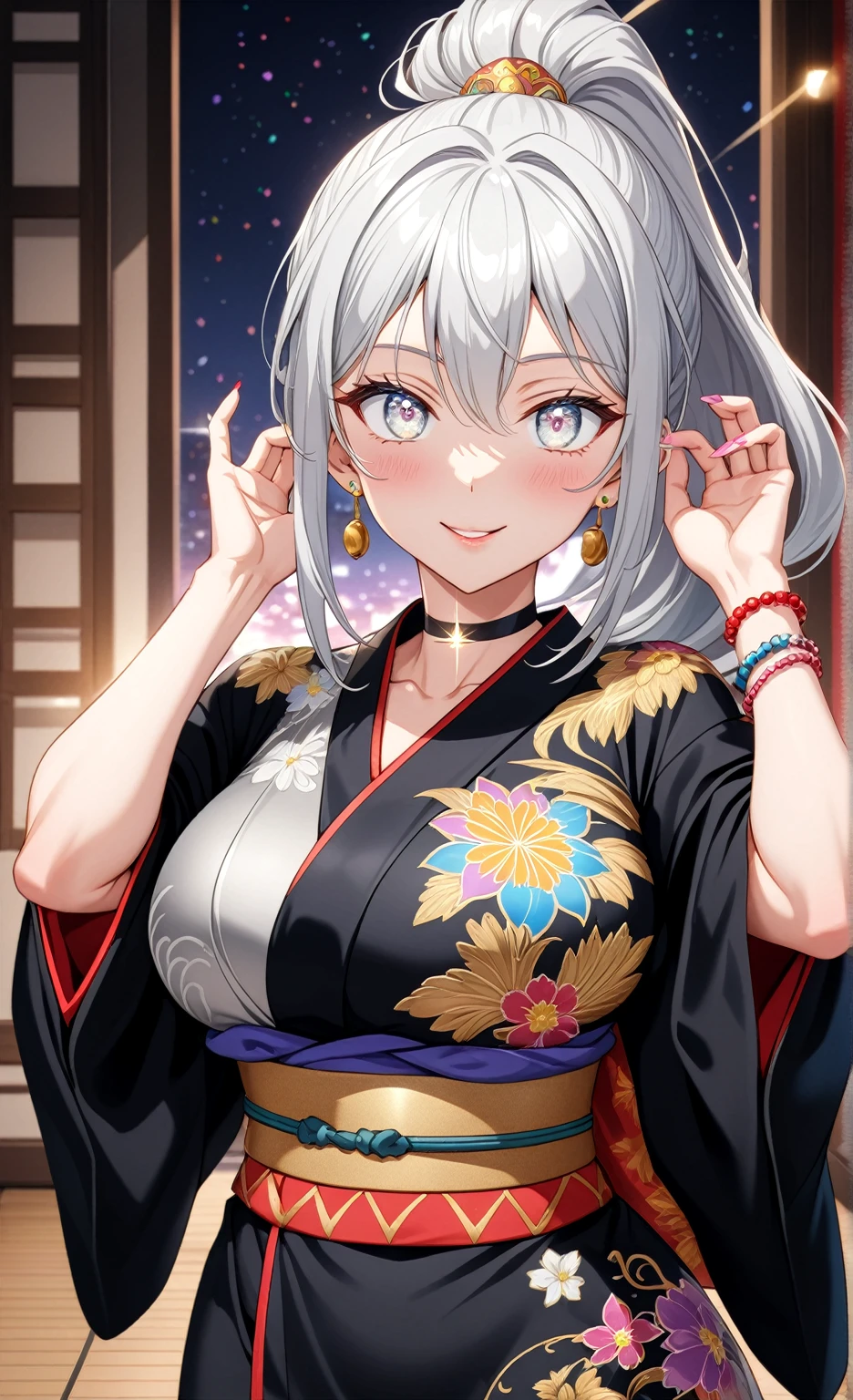 ((one personの女性)), Beautiful Face,Laugh shyly,((Wink:1.7)),Laughing with your mouth open,turn bright red,Glossy pink lips,night,Shrine festival sexpensives,((Anime style background)),masterpiece, highest quality, so beautiful, Latest, Complex details, (Pink long nails),AI-generated, Complex,High resolution, highest quality, super high quality,3D Images、View your viewers、3D Images,one person,Long white hair,High Ponytail,blue eyes,Anime woman posing for a photo, [[fine grain、Colorful eyes、Shining Eyes:1.15]],(Squint your eyes:1.1),a hyperRealistic , hyperRealistic , Realistic,Anime woman with long and white hair, Smooth anime CG art, A woman in a colorful kimono with gold embroidery, (Black kimono),Red floral pattern,Long flower hair ornament,Big earrings,(Big Breasts:1.1),Mature Body,expensive,Big Ass,Fine details,Tight waist,Abdominal muscles,(Face close-up:1.5),Tilt your face,Shooting from an angle,Leaning forward