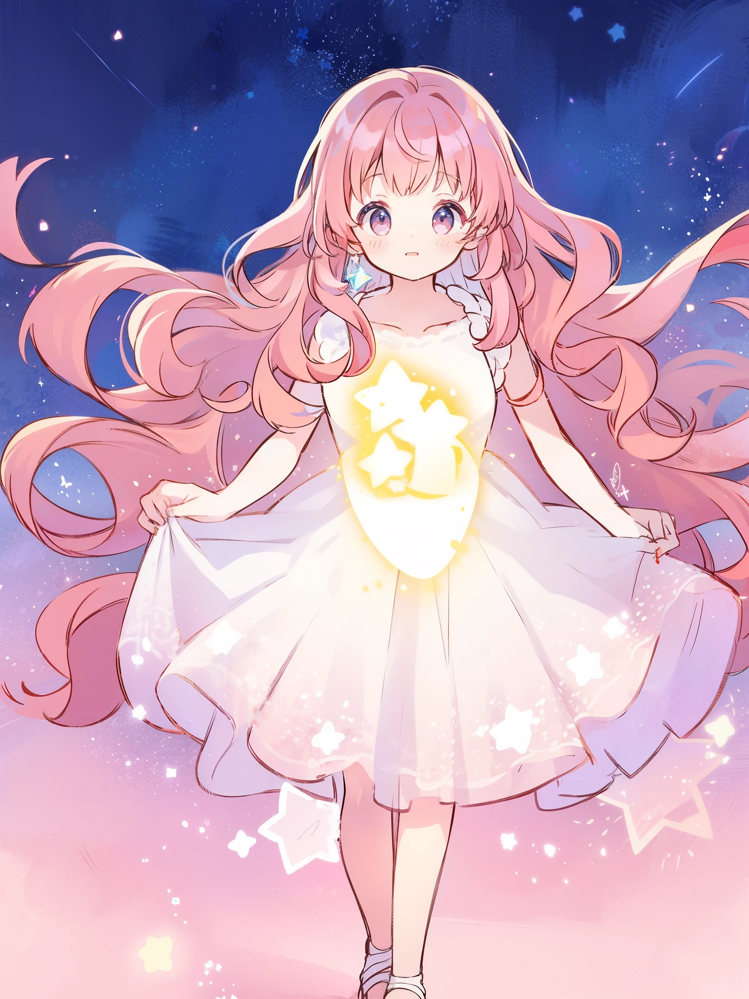complex background, wishing star background, a woman wearing an ethereal mystical pink translucent dress that reflects the stars, perfume promo art, mystic, complex drawing, highly detailed, Covergirl brand, promo art, artistic rendition, ethereal, starry night, midjourney style