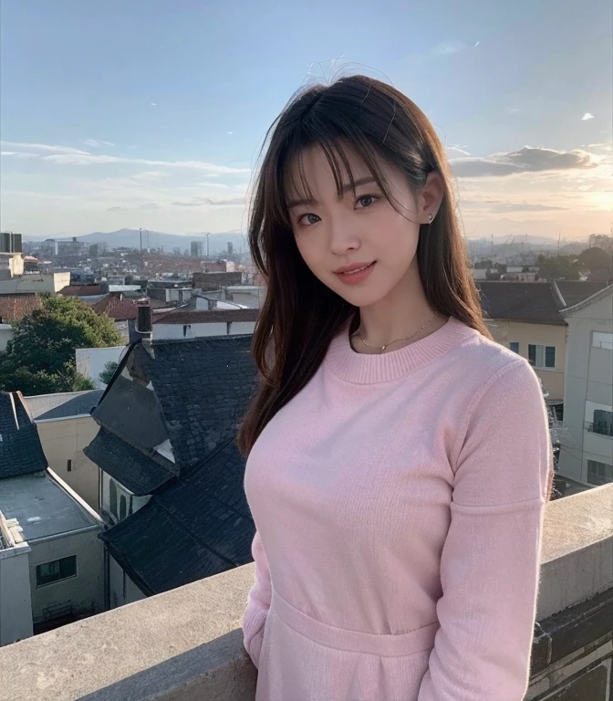 ((highest quality、8k、masterpiece:1.3))、Realistic, Sharp focus, High resolution, High resolution, Portraiture, alone, Japanese, Middle-aged women, Beautiful woman, 26 years old、Big Breasts、Pink casual dress、Photograph the whole body、Standing on top of a chimney、sunset、Overlooking the city、smile
