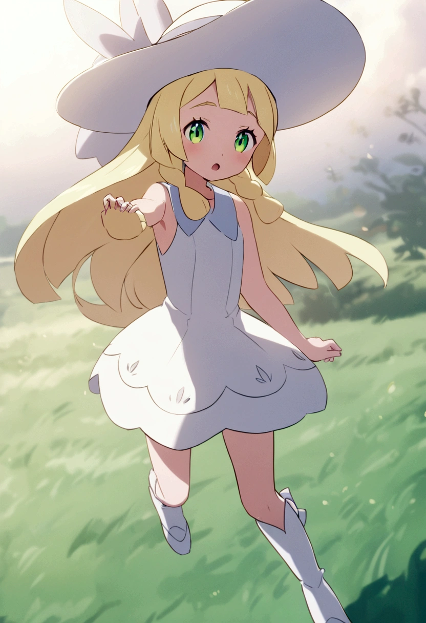 Lillie (Pokémon), Flat chest, green eyes, long blonde hair, white dress, white boots, white hat, short dress