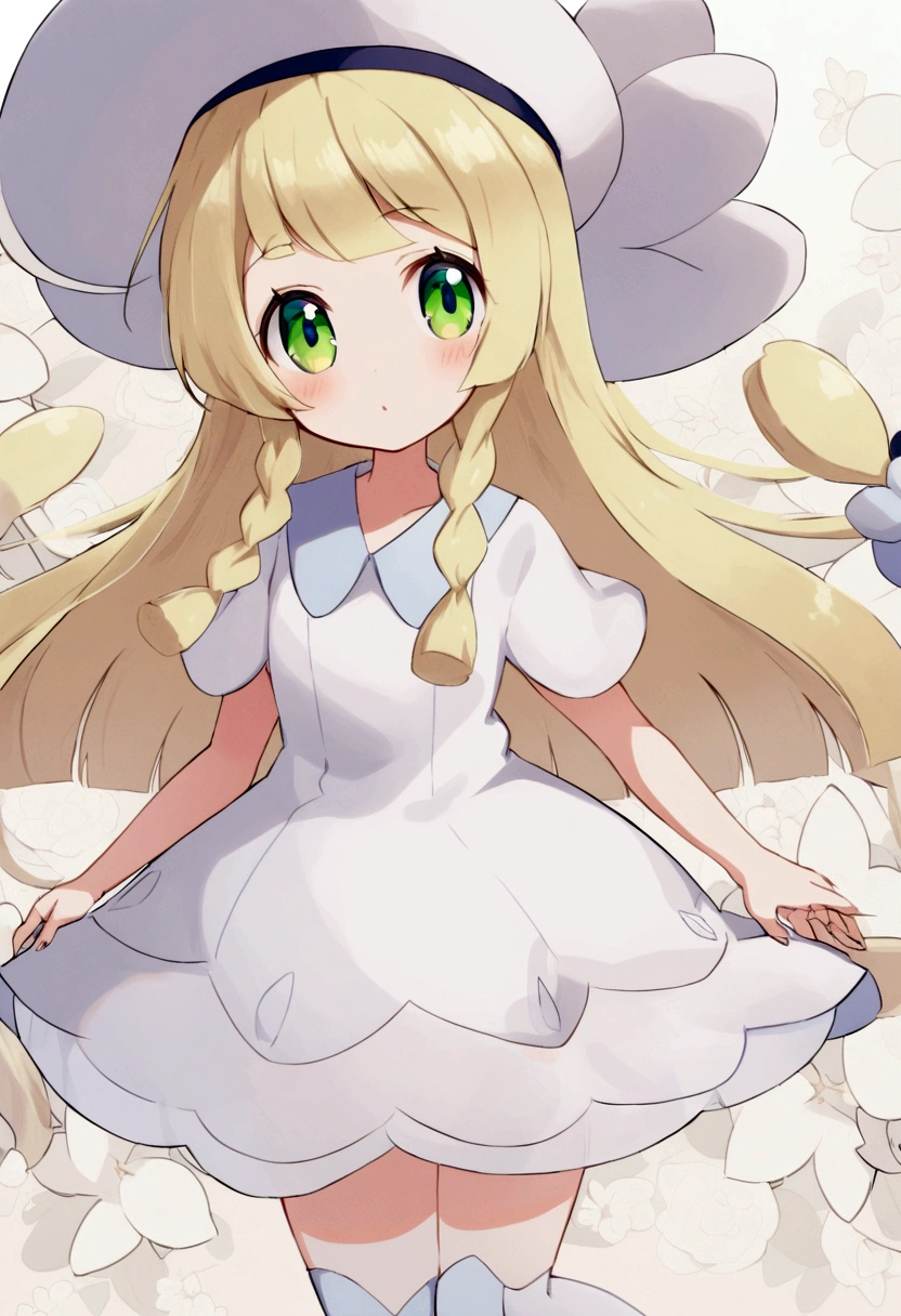 Lillie (Pokémon), Flat chest, green eyes, long blonde hair, white dress, white boots, white hat, short dress