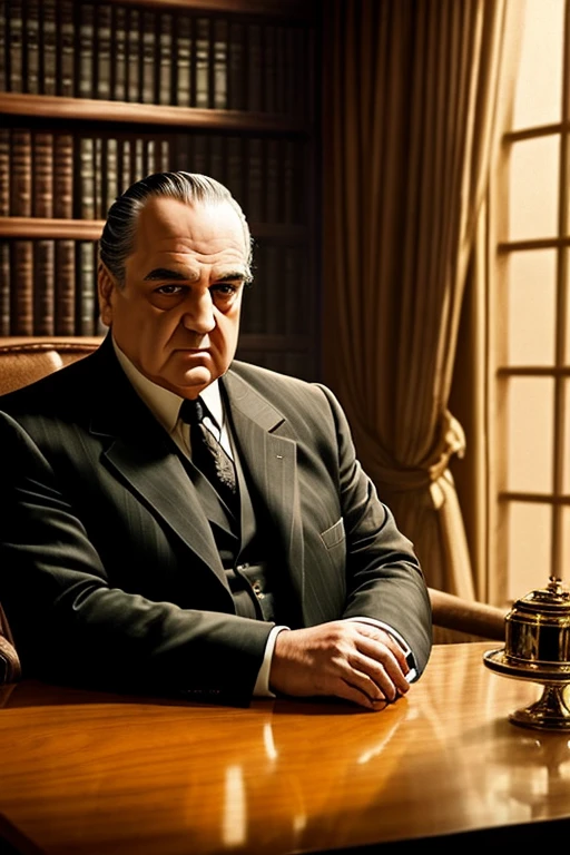 Bart Simpson dressed as Don Vito Corleone, sitting in an armchair behind a table, hyperrealistic, 4k, highly detailed, photorealistic, dramatic lighting, chiaroscuro, crime boss, mafia don, cigar, pinstripe suit, serious expression, dramatic pose, old-fashioned study, bookshelf, window in background