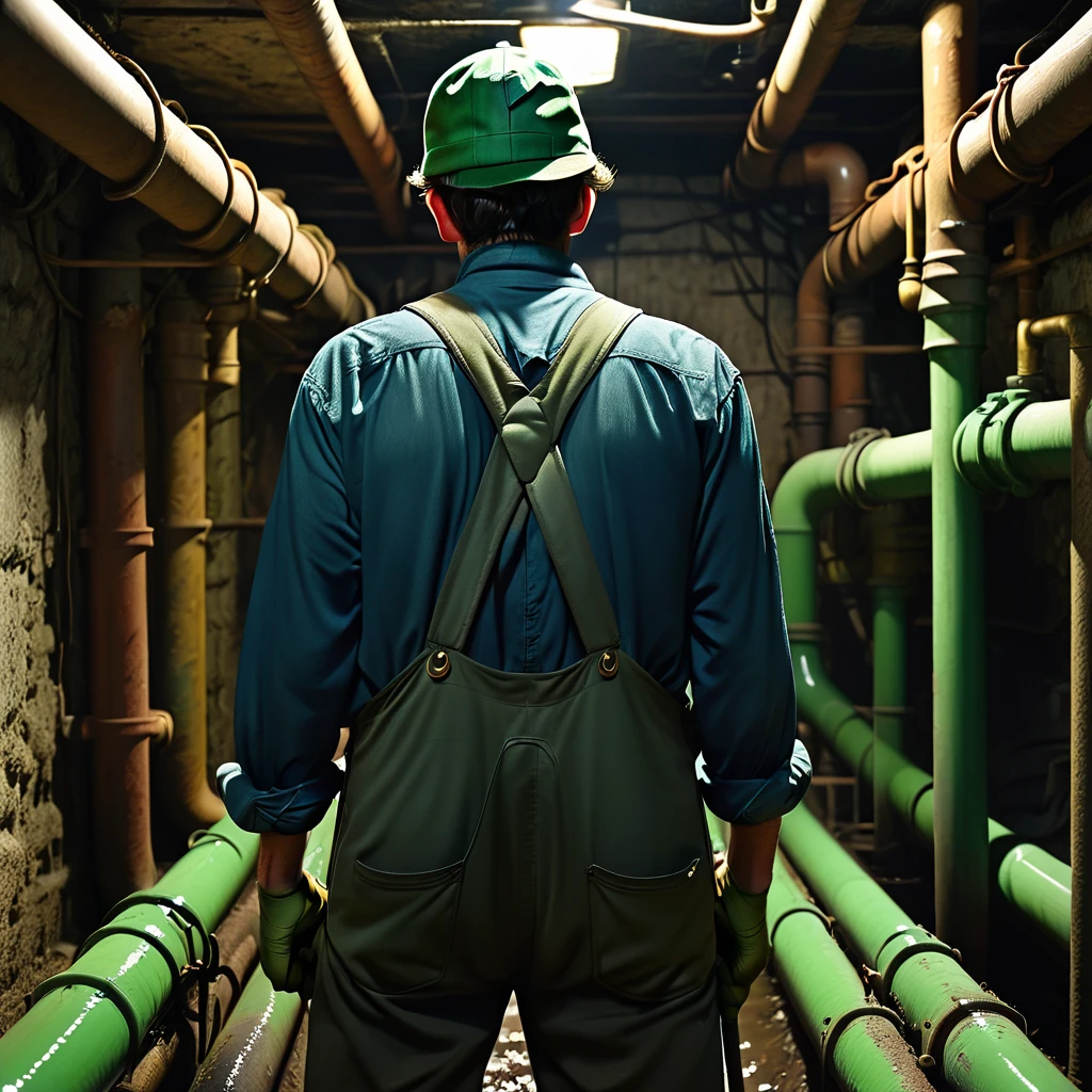 see image references for example prompts, a man cleaning green pipes in a dark basement, ((back view:1.9)), blue overalls, green shirt, green hunting hat, dirty hands, serious expression, focused, ambient lighting, gritty atmosphere, rough textures, muted colors, chiaroscuro lighting, cinematic composition, moody, photorealistic, 8k, hyper detailed, animetoreal