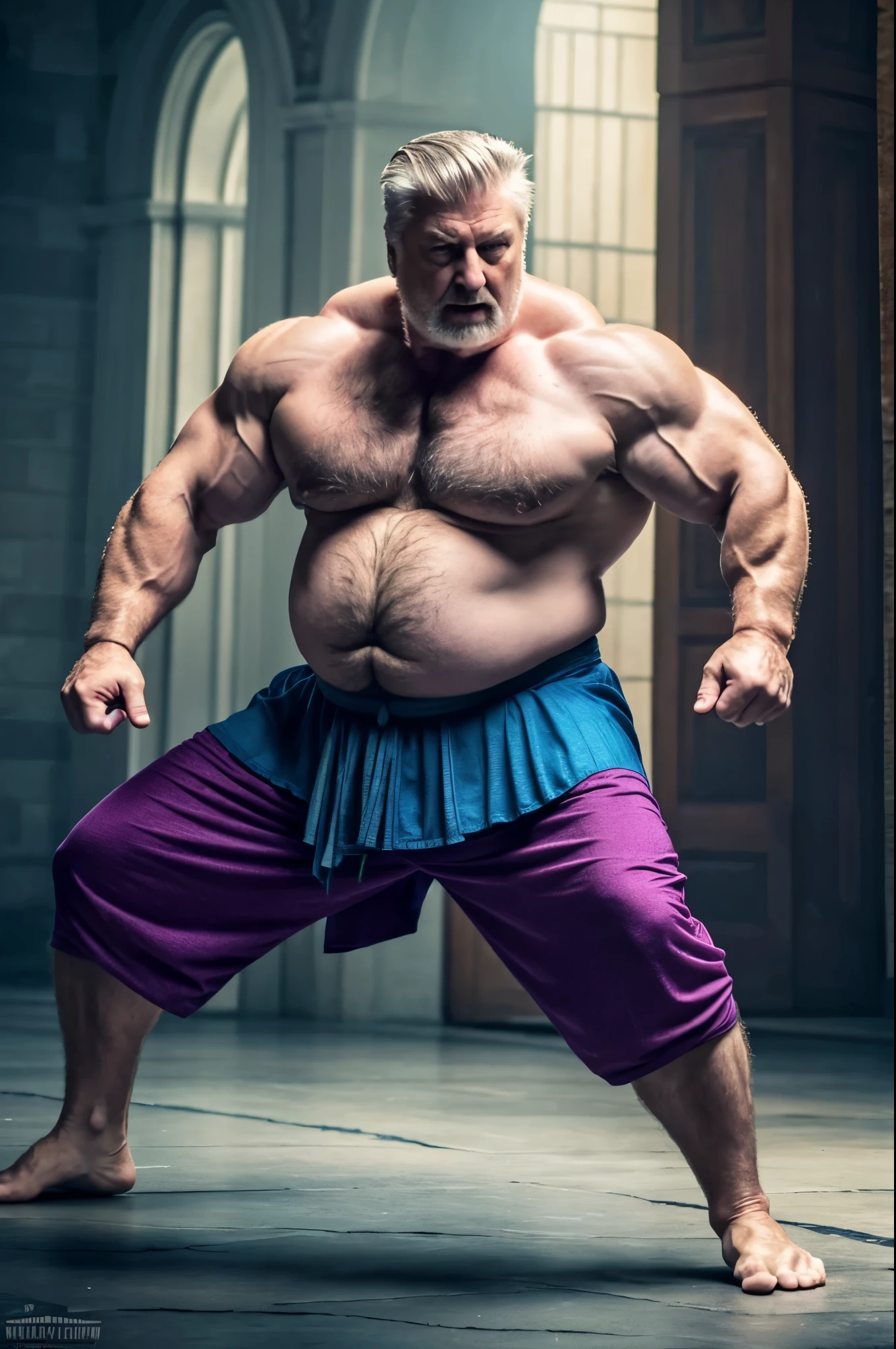 intricate details, high definition, vivid colors, particle effect, mature old man, alec baldwin as grandpa sorcerer, virile, tough, fat, plump, bulging muscles, massive feet, hairy, scruffy, pale skin, revealing outfit, fight stance, bright adornments, palace