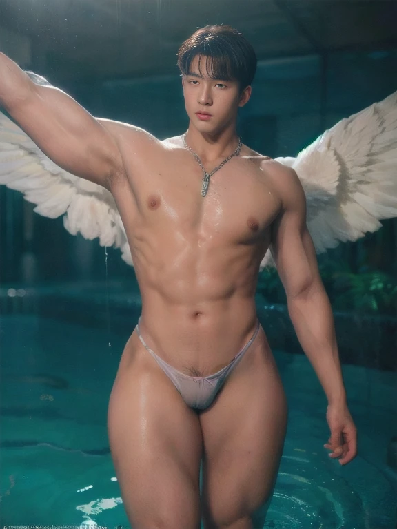 handsome male,muscular,detail eyes,wet,blessedtech,blessed,aura,wings,head wings, ultra realism , ultra photorealism ,  micro string thongs , ((unrealistic wide hips , unrealistic wide pelvis)) , nsfw ,  sexy slutty whore , ultra high resolution 