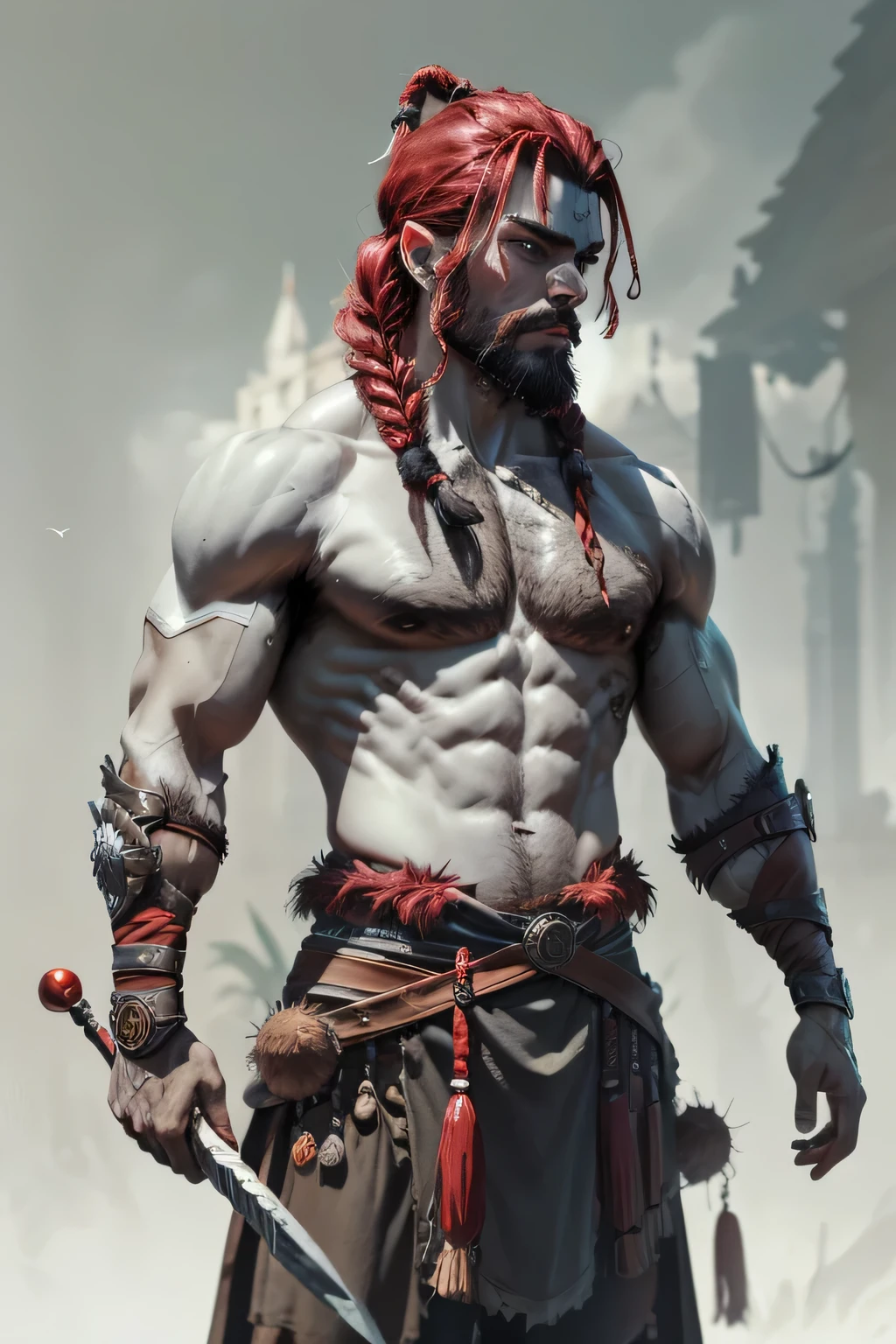 male warrior detaillierter Hintergrund, Komplizierte Details), Fantasy-Thema, Male , warrior , hairy , black hair , hairy body, ded world, medieval, ::grey skin, dark grey skin, dark skin braided red hair