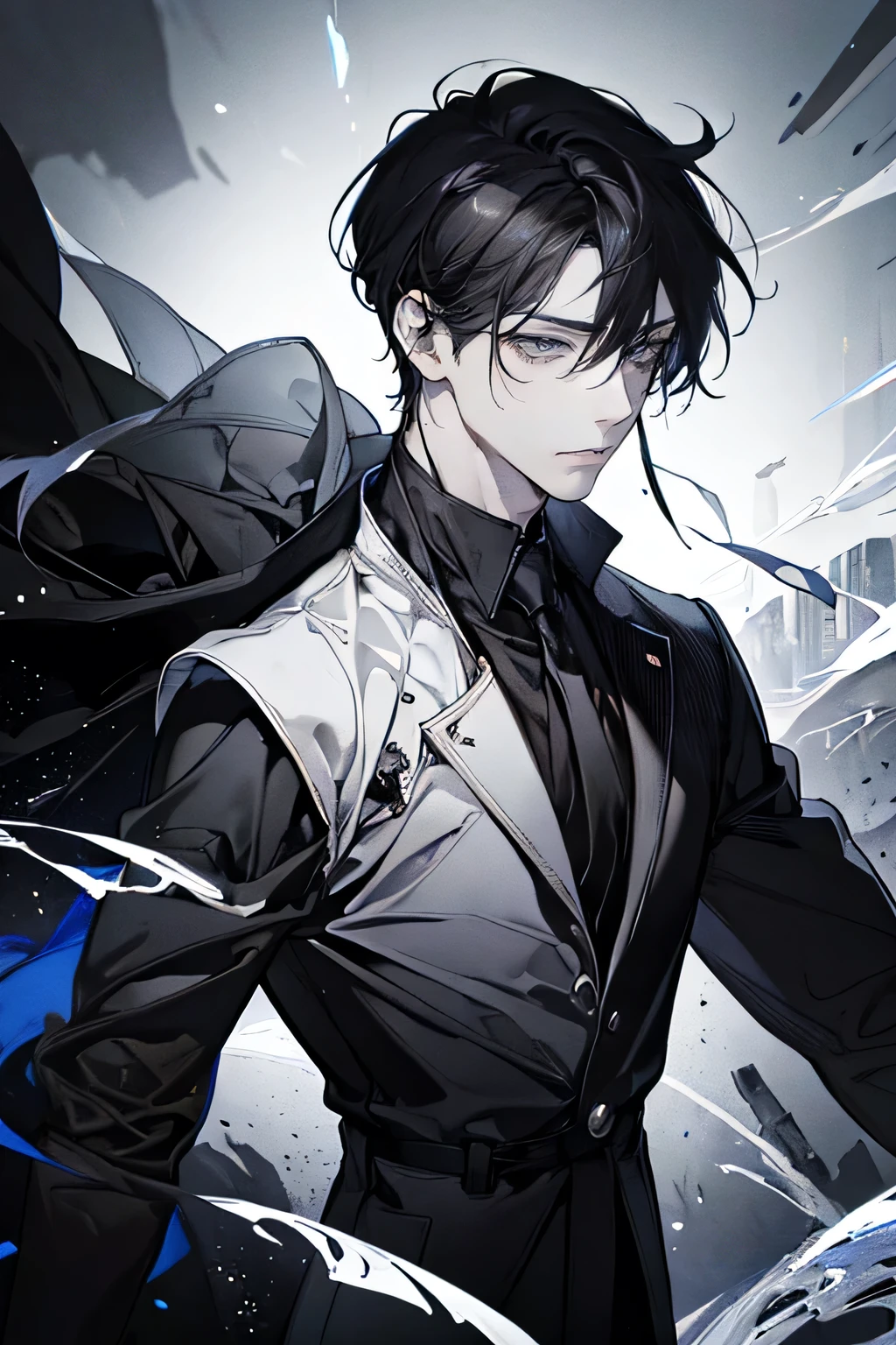 best quality, high quality,16k,anime,line art,hard-edged,portrait,looking up,expressionless,deep detailed eyes,black hair,(thirties man:1.5),wizard,black hair,expressionless,deep detailed eyes,blurry background