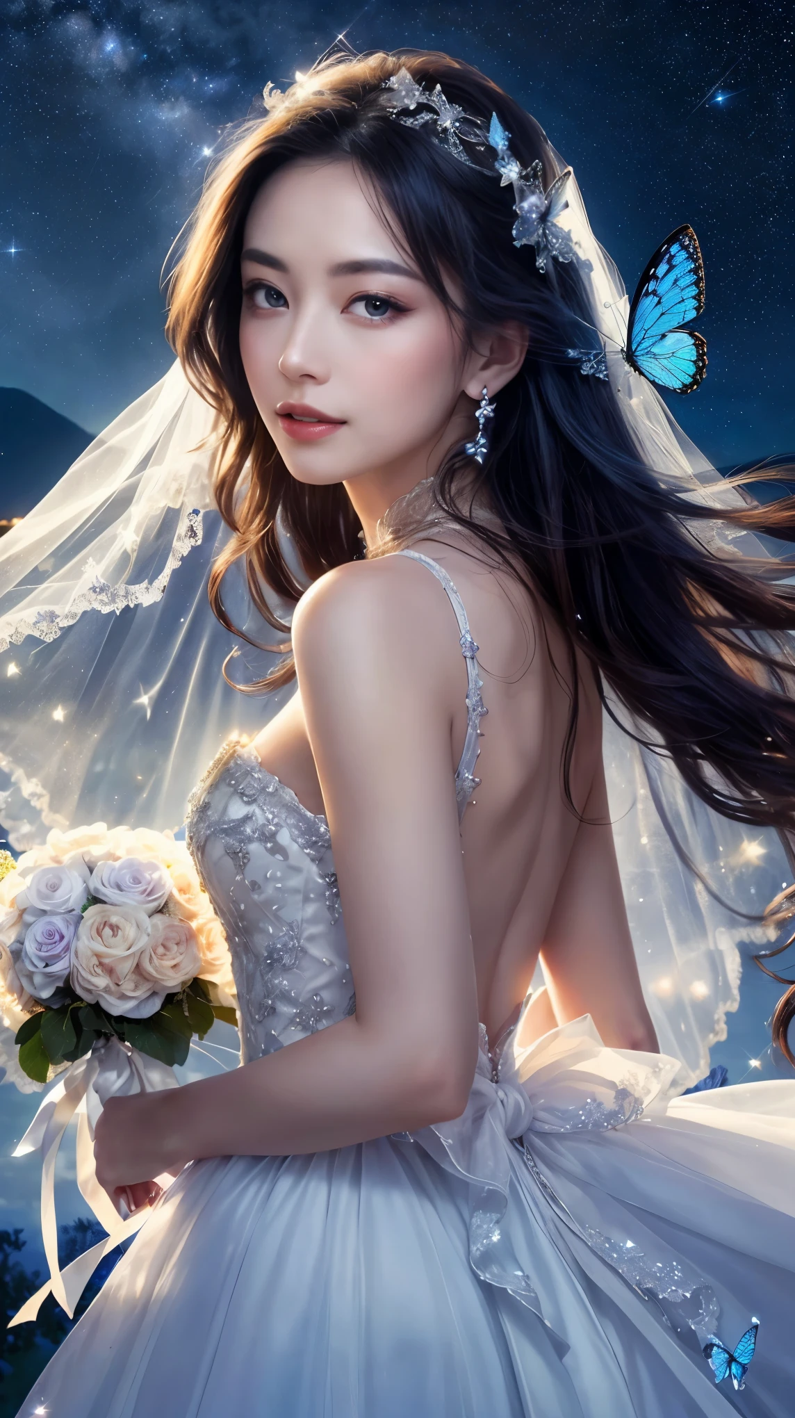 Starry Sky,night, blue butterfly,Wedding in dreams,((dream)),(best quality), (model), Backlight, There is light on the face, (quality improvement), Delicate eyes, Delicate face, good quality eyes, Lady in wedding dress