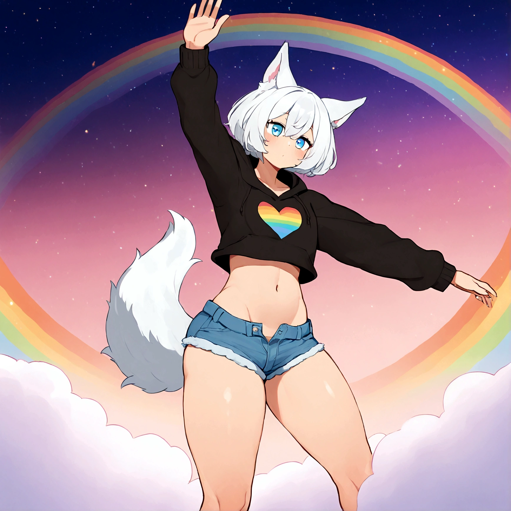 a cute adult male with wolf ears, white hair, has a wolf tail, wearing a loose cropped oversized black hoodie, wearing a pair of denim short shorts and fishnet stockings, thick thighs, wide hips, relaxing on mound of fluffy multi colored kawaii plushies, short, very slim, showing slender tummy, stretching out, heart on hoodie, squishy thighs, has glowing blue eyes. alone, solo (ALONE)(SOLO), surrounded by rainbows, colorful galaxy backround
