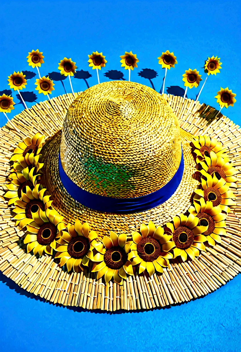 The main body of the image is a grand scene of a number "Only Henan" made of huge straw and lollipops surrounded by straw hats, sunflowers, and ears of wheat. Blue background, OC render, 8K, super high quality. ,