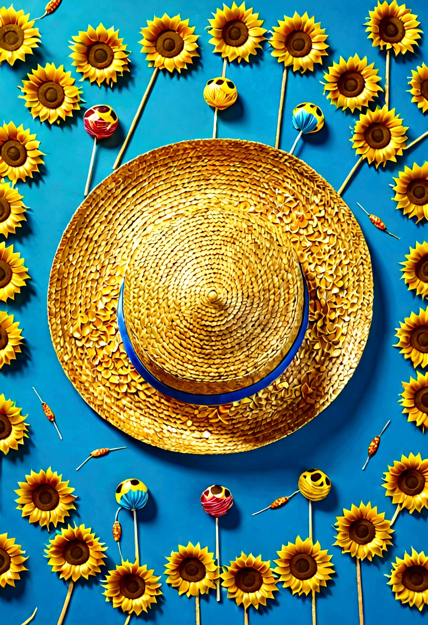 The main body of the image is a grand scene of a number "Only Henan" made of huge straw and lollipops surrounded by straw hats， sunflowers， and ears of wheat. Blue background， OC render， 8K， super high quality. ,