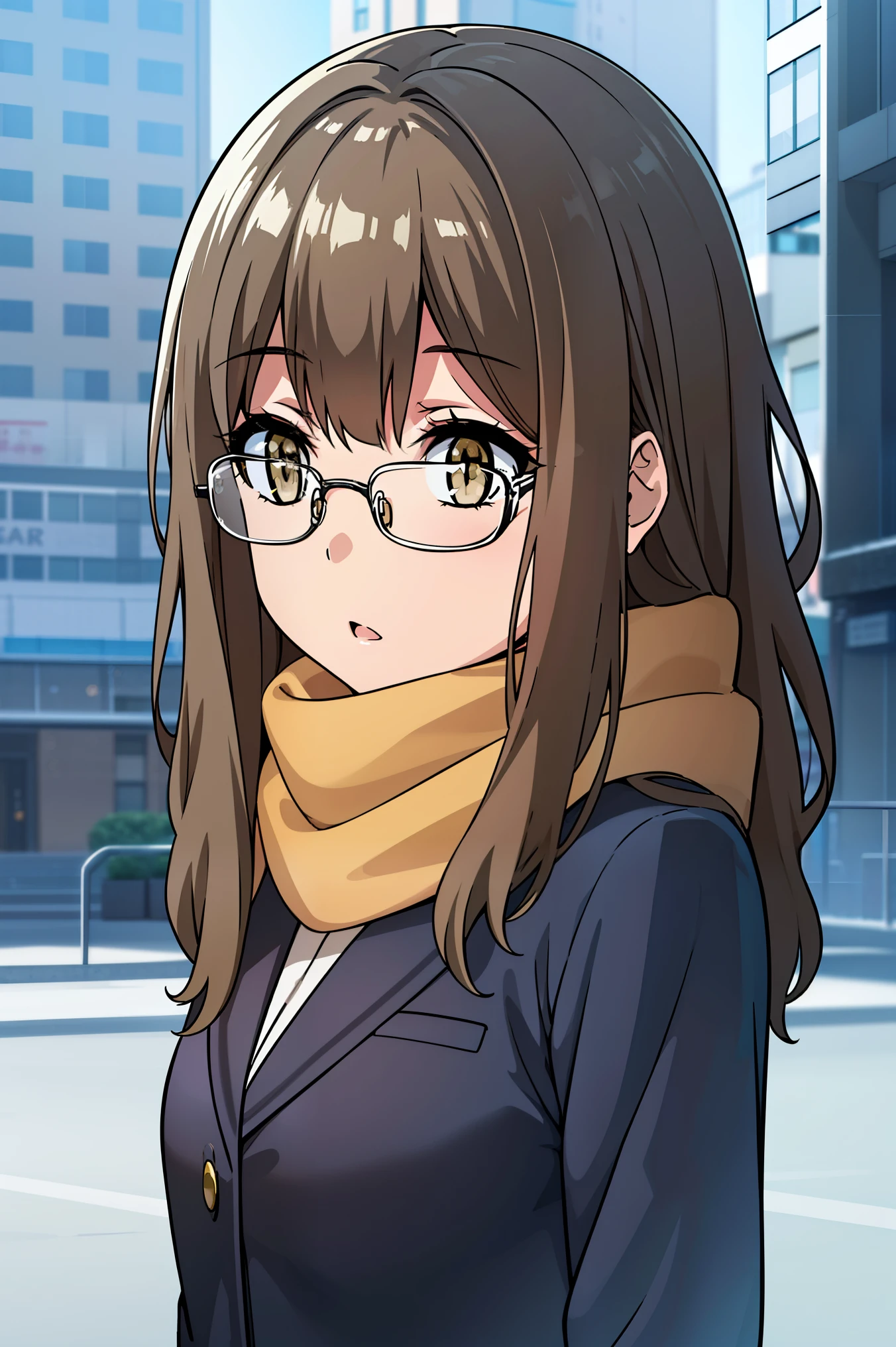 riofutaba, rio futaba, black-framed eyewear, (brown eyes:1.7), glasses, (grey hair:1.2), hair between eyes, over-rim eyewear, semi-rimless eyewear, long hair, sidelocks, , (mature face), solo, [Small_breasts: large_breasts: 0.5], normal breasts, ((tall buildings, city, winter, scarf)), (purple coat, skirt), extremely delicate, peerless beautiful girl, dreamy quality, exaggerated facial features, solid color, delicate face, bright lips, slender waist, soft-straight curves, soft lights and shadows, super fine, 8K ULTRA HD, (masterpiece:1.4), (finely detailed beautiful eyes: 1.2)