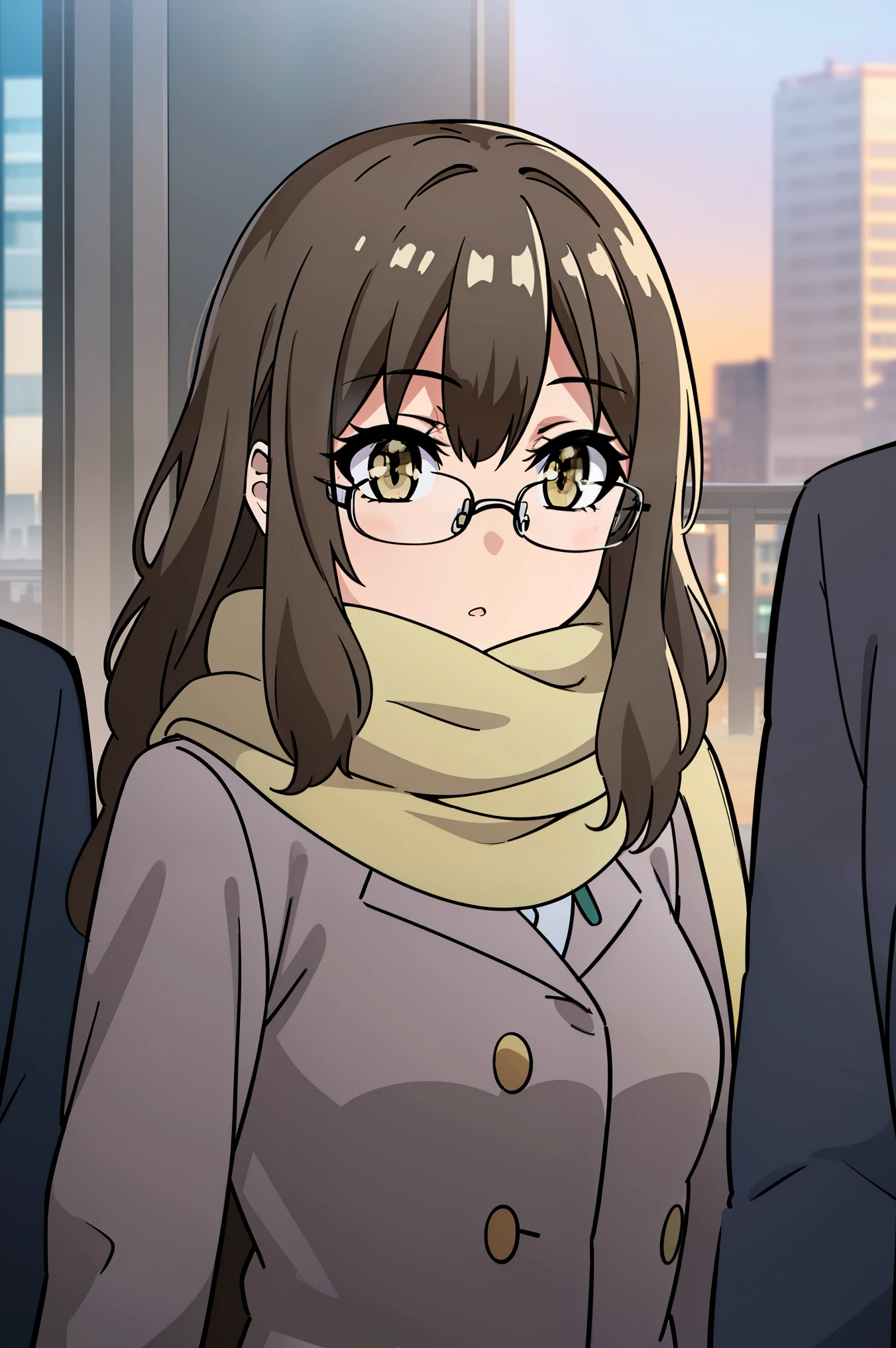riofutaba, rio futaba, black-framed eyewear, (brown eyes:1.7), glasses, (grey hair:1.2), hair between eyes, over-rim eyewear, semi-rimless eyewear, long hair, sidelocks, , (mature face), solo, [Small_breasts: large_breasts: 0.5], normal breasts, ((tall buildings, city, winter, scarf)), (purple coat, skirt), extremely delicate, peerless beautiful girl, dreamy quality, exaggerated facial features, solid color, delicate face, bright lips, slender waist, soft-straight curves, soft lights and shadows, super fine, 8K ULTRA HD, (masterpiece:1.4), (finely detailed beautiful eyes: 1.2)