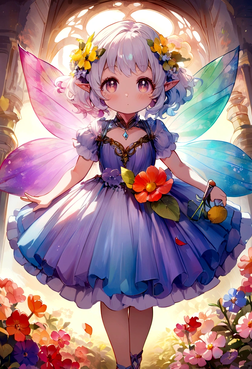 illustration，Fine lines，The lines are accurate，ln the forest，night moon，Mini cute 3 year old flower fairy, Chubby toot，Skirt made of petals，Huge flowers，Colorful colorful，Transparent colorful wings, Magic wand，closeup cleavage，Light attenuation，Glow effects，depth of fields，high light，Real light，Ray traching，oc rendered，Hyper-realistic，best qualtiy，8K，Works of masters，super-fine，Detailed pubic hair，Correct anatomy，sharp focus on eyes，Bokeh，Facial features are carefully depicted，in style of hayao miyazaki，Miyazaki animation style