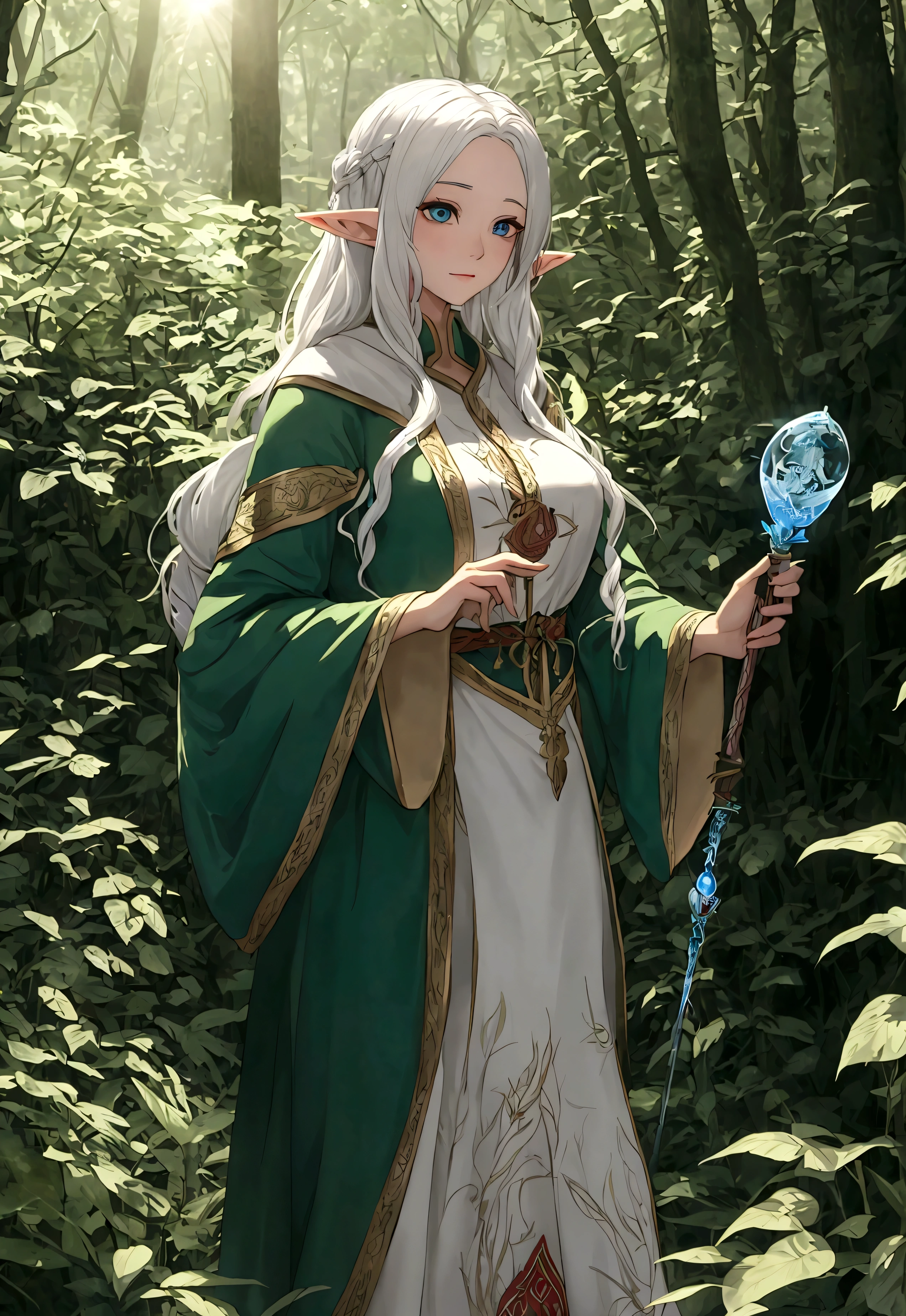 Female elf with long silver hair parted in the middle stands in the forest,The sun shines from the forest。The female elf wears a beautifully embroidered robe,Holding a magic potion and a staff with intricate carvings in his hand,glowing magic circle,elvish text