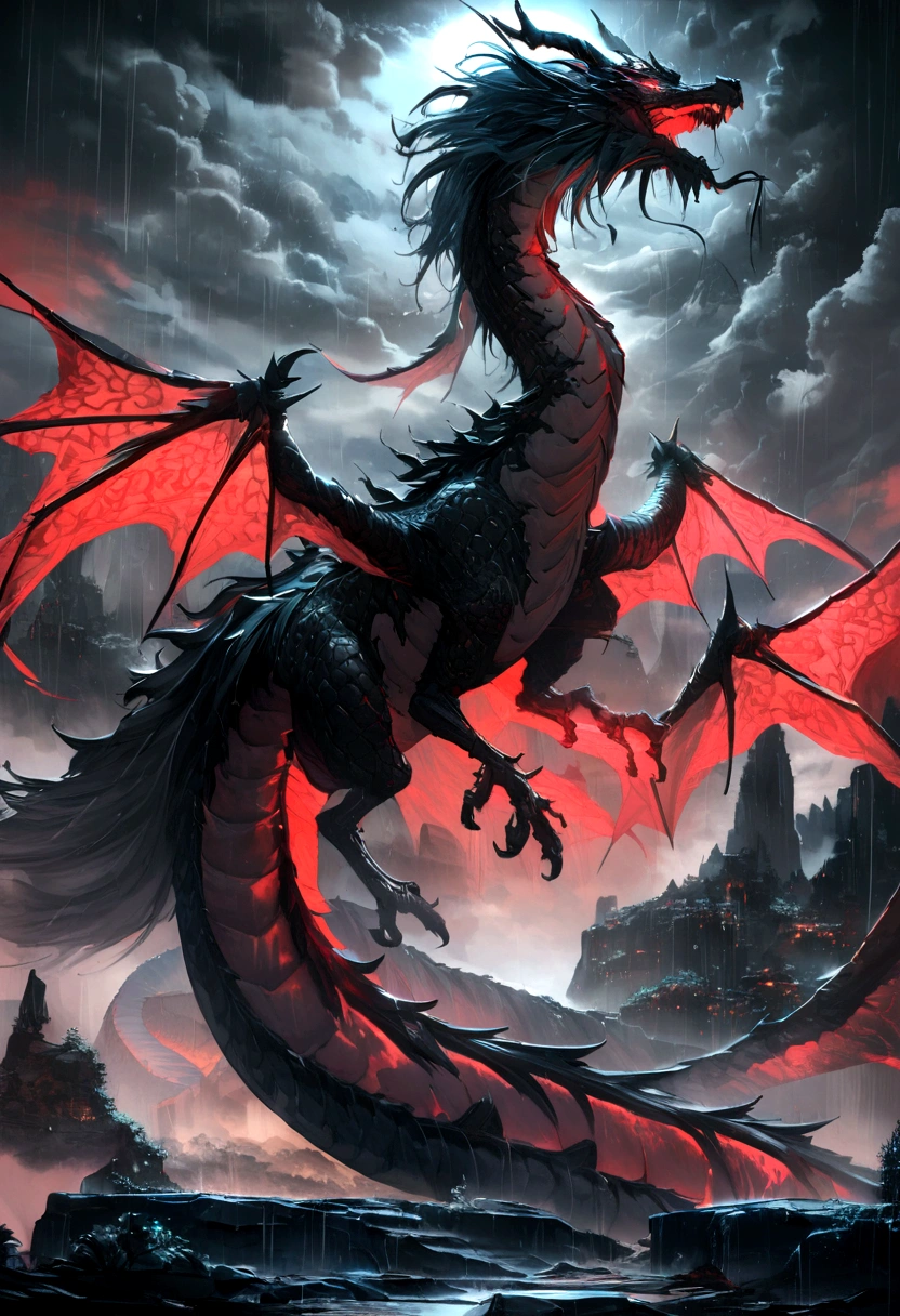 A diorama of a majestic Oriental Dragon, rendered in striking hyper-realism, showcasing black scales glistening and slick from the rain, under a mostly cloudy sky. Cyan hair flutters in the wind as sharp teeth pierce the sky, its red eyes glowing menacingly, with its mouth open and horn lit by brilliant lights. Captured in 8K ultra-high definition, this breathtaking masterpiece promises to be a sight to behold for centuries.