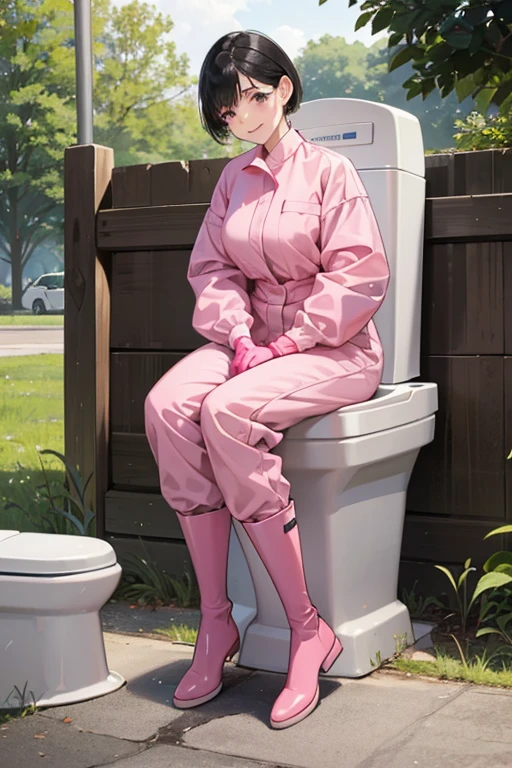 Wearing large pink rubber gloves and white rubber boots、A mature woman with short black hair and wearing a red long-sleeved jumpsuit cleans a dirty public toilet in a park with a gentle smile