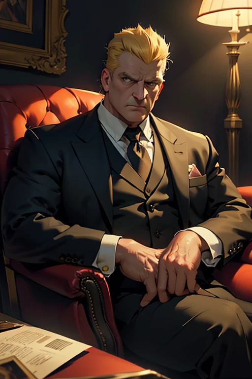 Bart Simpson dressed as Don Vito Corleone, sitting in an armchair behind a table, realistic, photorealistic, masterpiece, 8k, hyper detailed, cinematic lighting, dramatic shadows, warm color tones, chiaroscuro, moody atmosphere, 1 person, suit, cigar, serious expression, mafia boss, cinematic composition, dramatic pose