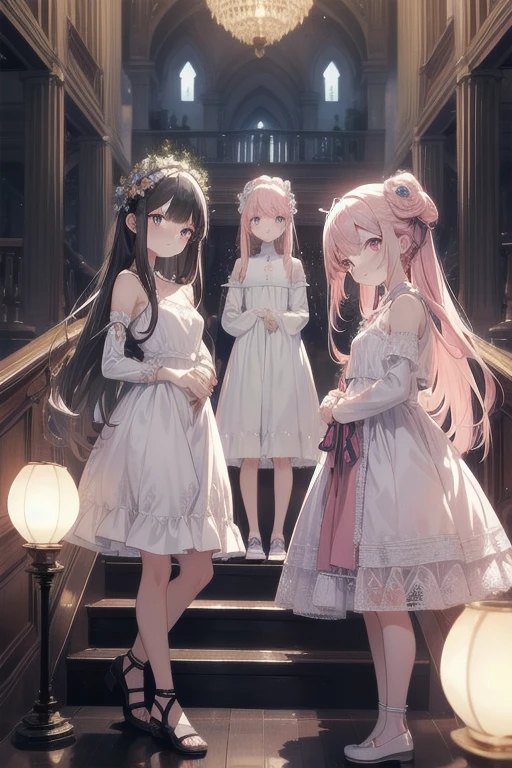 Masterpiece Top Quality

Three Girls Adorned in Delicate Dresses, their Faces Reflecting Fear and Anxiety, Akin to the Squid Game Characters

1. With Straight Long Hair, their Eyes Wide and Full of Trepidation, Pale as the Moon
2. A Young Adolescent, possibly , resembling Chiquita
3. A Matured Girl, perhaps 16 years old Alluring Gaze

The girls stand at the foot of a grand staircase, their eyes fixed on the Shiny Pink World above, a Dreamland, adorned with Ribbons