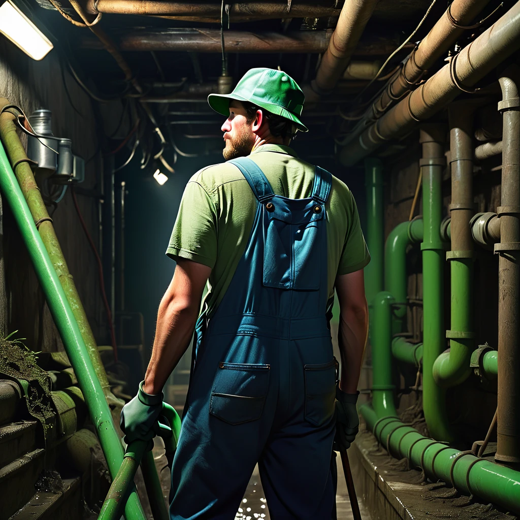 see image references for example prompts, a man cleaning green pipes in a dark basement, ((back view:1.9)), blue overalls, green shirt, green hunting hat, dirty hands, serious expression, focused, ambient lighting, gritty atmosphere, rough textures, muted colors, chiaroscuro lighting, cinematic composition, moody, photorealistic, 8k, hyper detailed, animetoreal