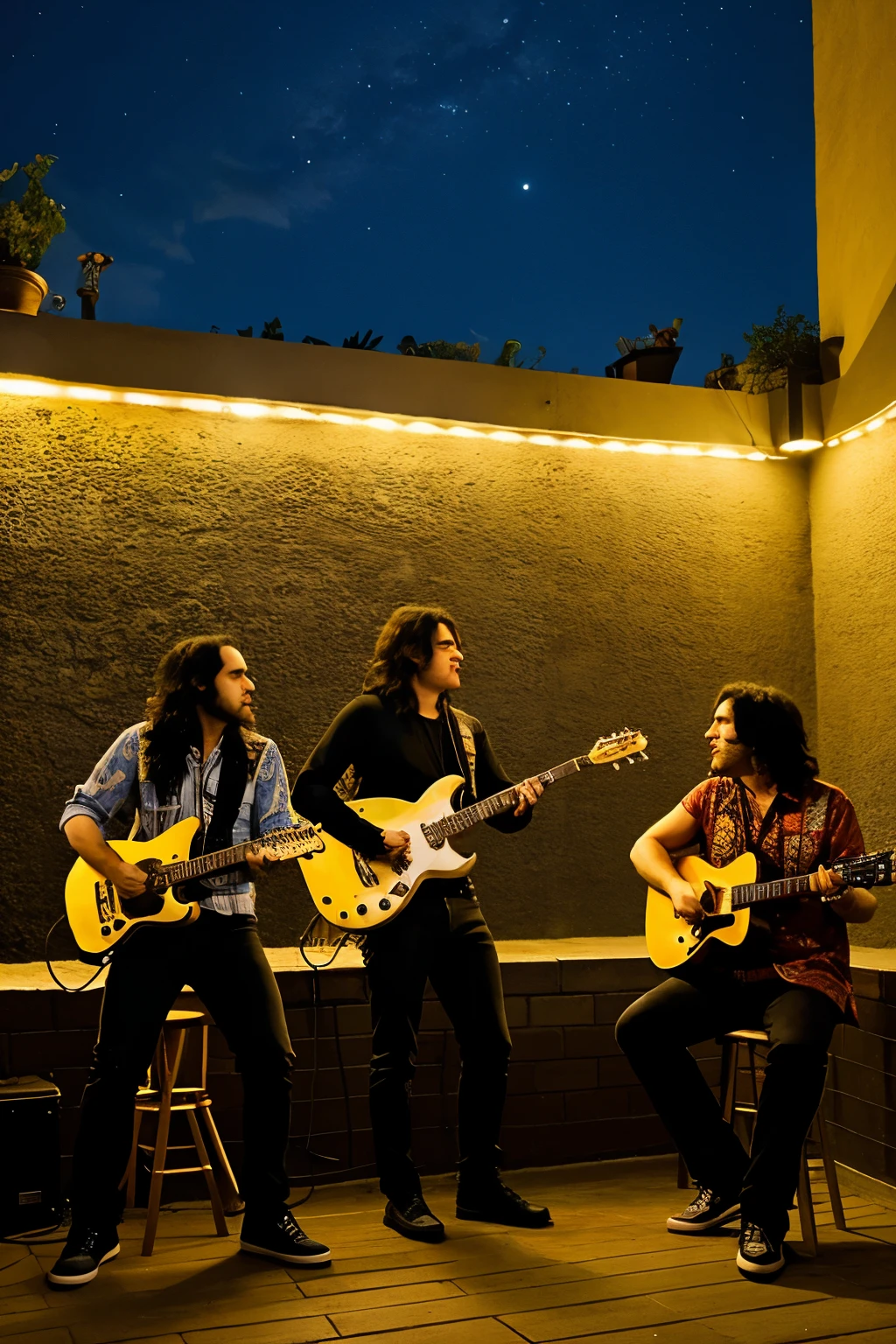 Imagen animada estilo tradi de una banda de rock & roll de tres gorilas fumando marihuana en la terraza de un edificio con instrumentos musicales de rock al fondo. Night atmosphere with warm lights.