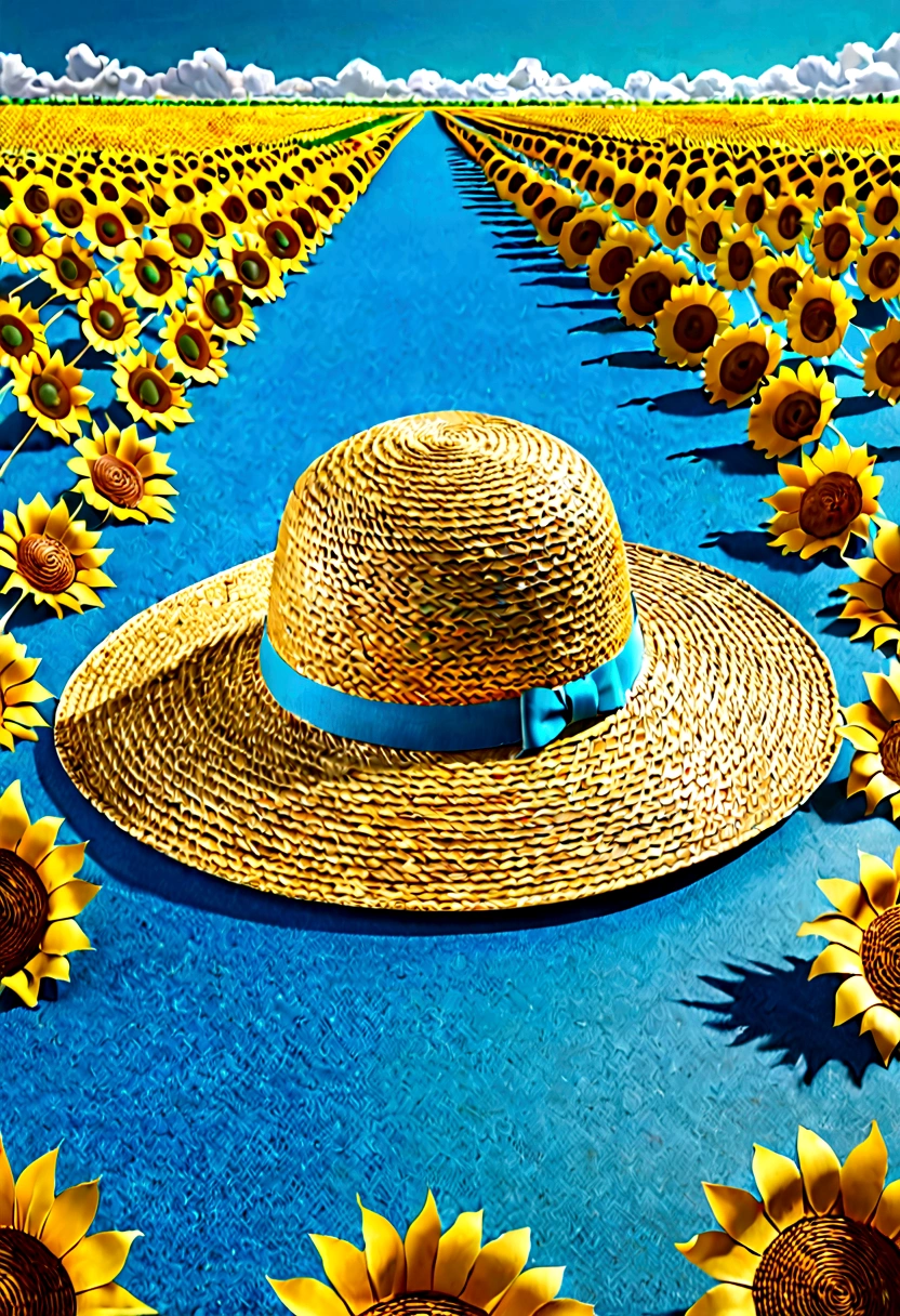 The main body of the image is a grand scene of a number "Only Henan" made of huge straw and lollipops surrounded by straw hats， sunflowers， and ears of wheat. Blue background， OC render， 8K， super high quality. ,