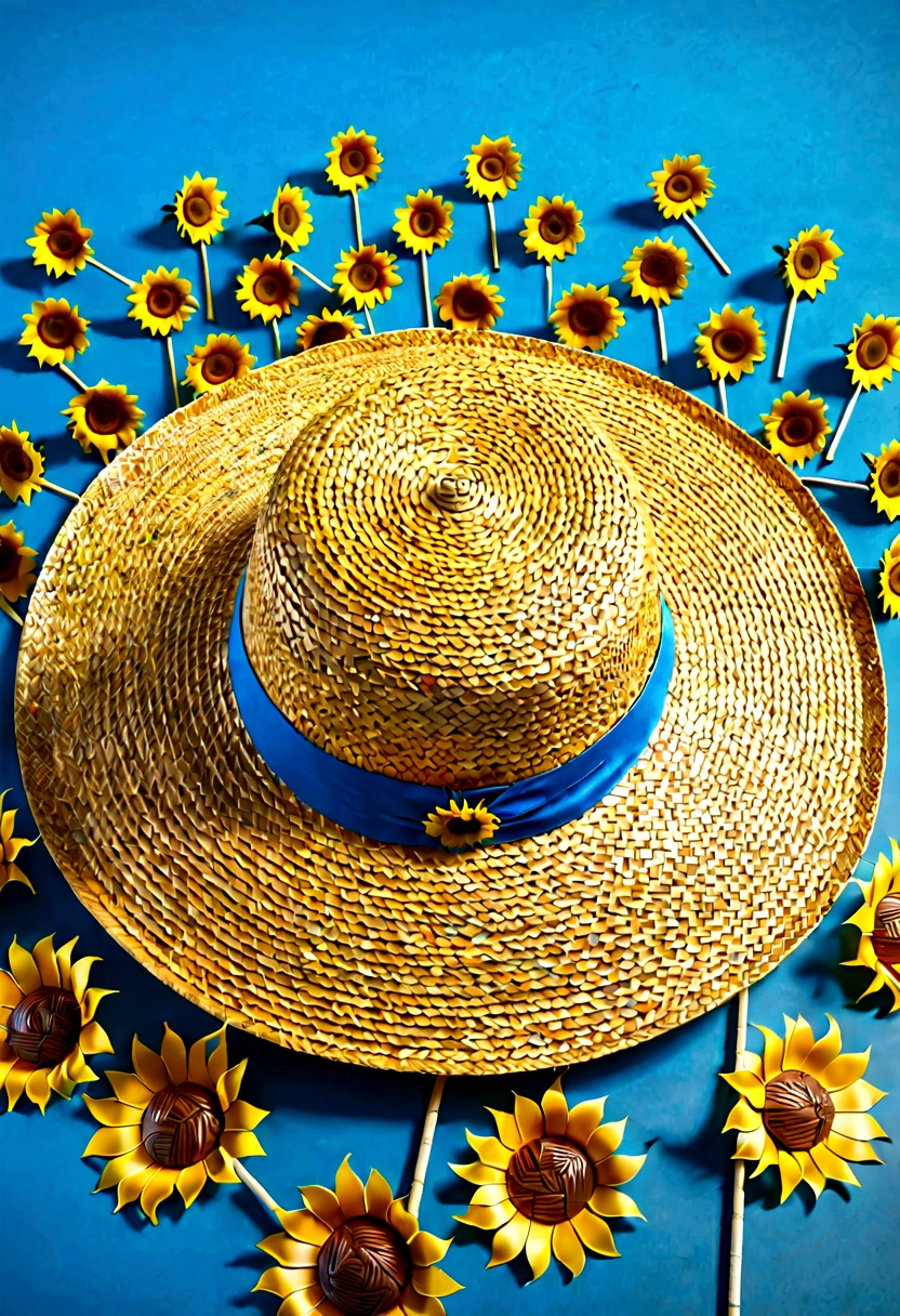 The main body of the image is a grand scene of a number "Only Henan" made of huge straw and lollipops surrounded by straw hats， sunflowers， and ears of wheat. Blue background， OC render， 8K， super high quality. ,