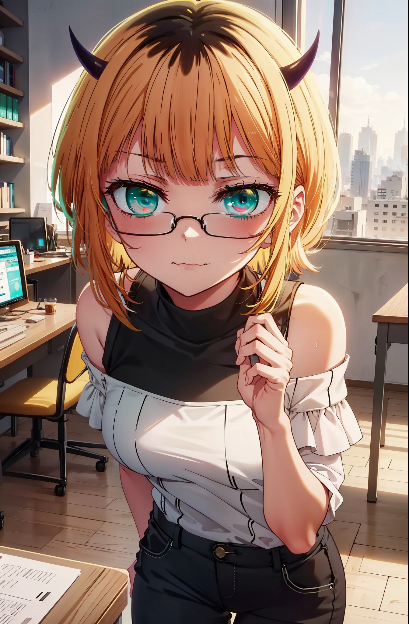 memcho, memcho, Long Hair, Blonde Hair, Multicolored Hair, horn, bangs, Brown Hair, Black Hair, blunt bangs, Two-tone hair, (Aqua Eye:1.3), :3,happy smile, smile, Open your mouth,Black-rimmed glasses,
Cold shoulder tops,skinny pants,Stiletto heels,There is a computer on the table,So that the whole body goes into the illustration,Chair,walking,Daytime,
Break indoors, office,
壊す looking at viewer, Systemic
break (masterpiece:1.2), highest quality, High resolution, unity 8k wallpaper, (figure:0.8), (Beautiful fine details:1.6), Highly detailed face, Perfect lighting, Highly detailed CG, (Perfect hands, Perfect Anatomy),