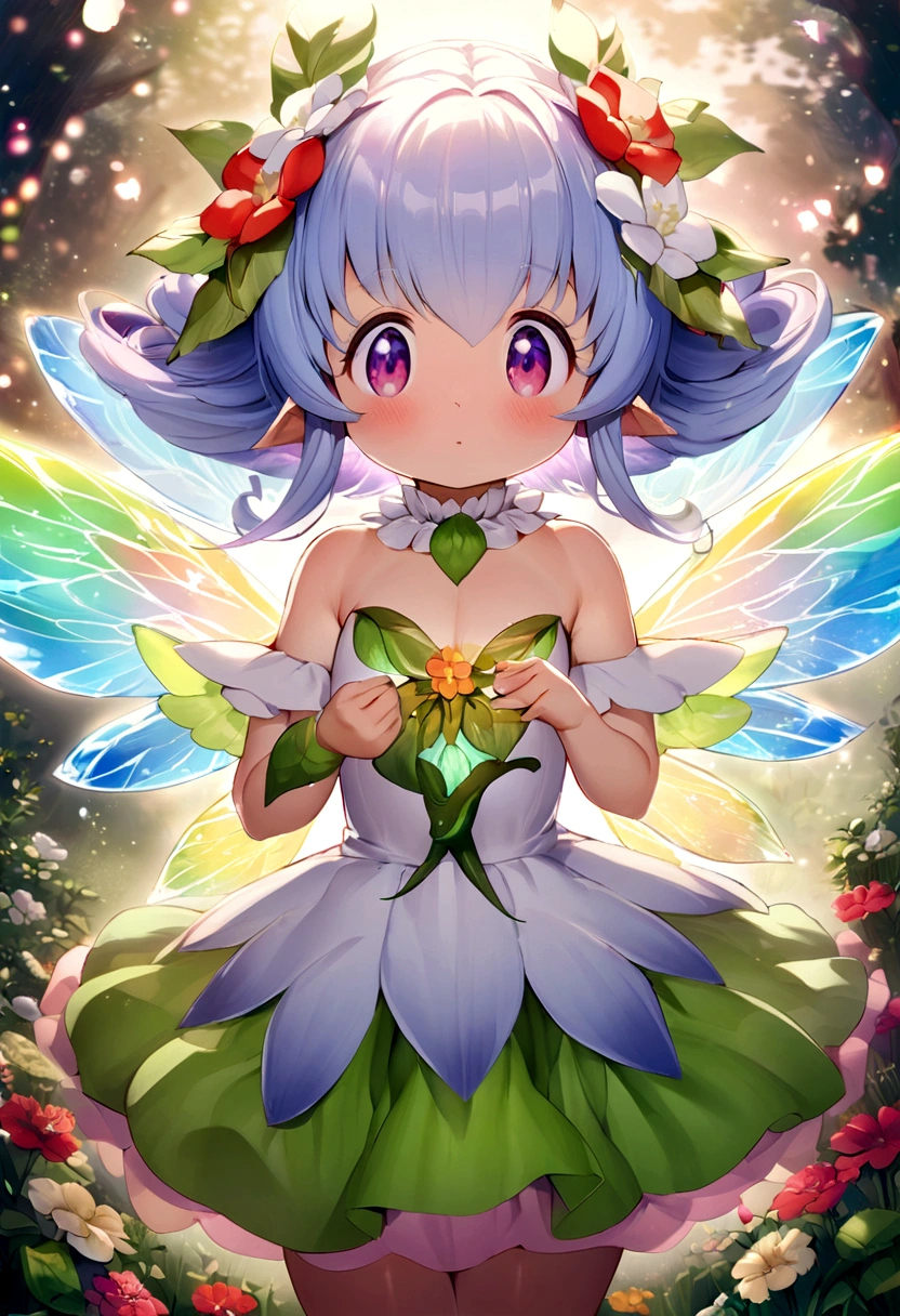 the woods，Night Moon，Mini cute 3 year old flower fairy, Chubby toot，Skirt made of petals，Huge flowers，Colorful colorful，Transparent and colorful wings, magic wands，closeup cleavage，Optical attenuation，glow effect，depth of fields，highlight，Real Light，Ray traching，OC rendering，Hyper-realistic，best qualtiy，8K，Works of masters，super-fine，Detailed pubic hair，Correct anatomy，sharp focus on eyes，Bokeh，Facial features are carefully drawn，in style of hayao miyazaki，Miyazaki Animation Style