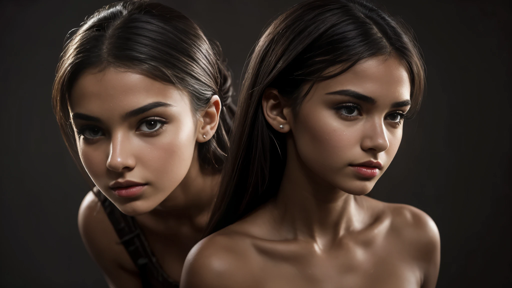 ((Beautiful) 2 attractive cute young women), very_cute, choker, (big breasts:1.4), (small_nose:1.2, thin_nose:1.5, delicate_nose:1.5, pointed_nose_tip:1.5, symmetric_nose), round_chin:1, short_jaw:1, round_jaw:1, long_hair, straight_hair, (brown_eyes:1.5, mahogany_brown_eyes:1), cheek_dimples:1.3, round_cheeks:1.2,  (very_small_eyebrows:1.5), (Masterpiece, 8K, best quality, highres:1.5), cowboy shot:1.5, looking_at_viewer:1.5, body_looking_at_viewer:1.5, black_photoshoot:1, white_room:1, white_backdrop:1.5, standing, provocative_body_posture:1.5, flirting_facial_expression, wearing white_straplesini_dress), short_woman, small_woman, skin_texture:1.2